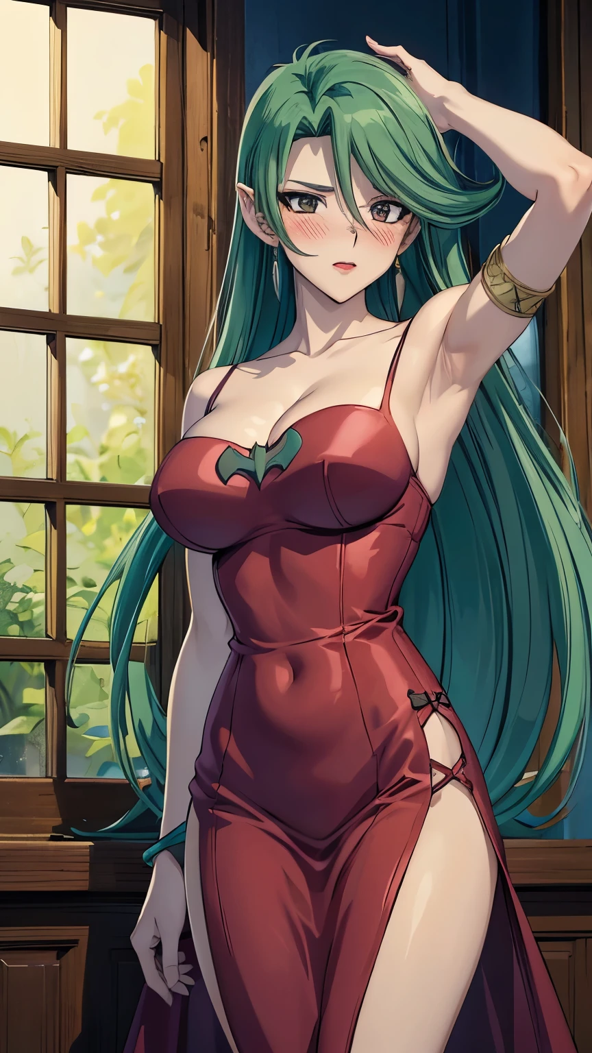 1 Female,High definition,high resolution,Ultra-realistic,8K, Camula, 1girl, solo,clear skin, long red dress, armlets,clear skin, green hair,European,sexy,Photographed from the front,Dynamic Angles,(blush), (medium tits) ,wide thighs ,cleavage, standing  