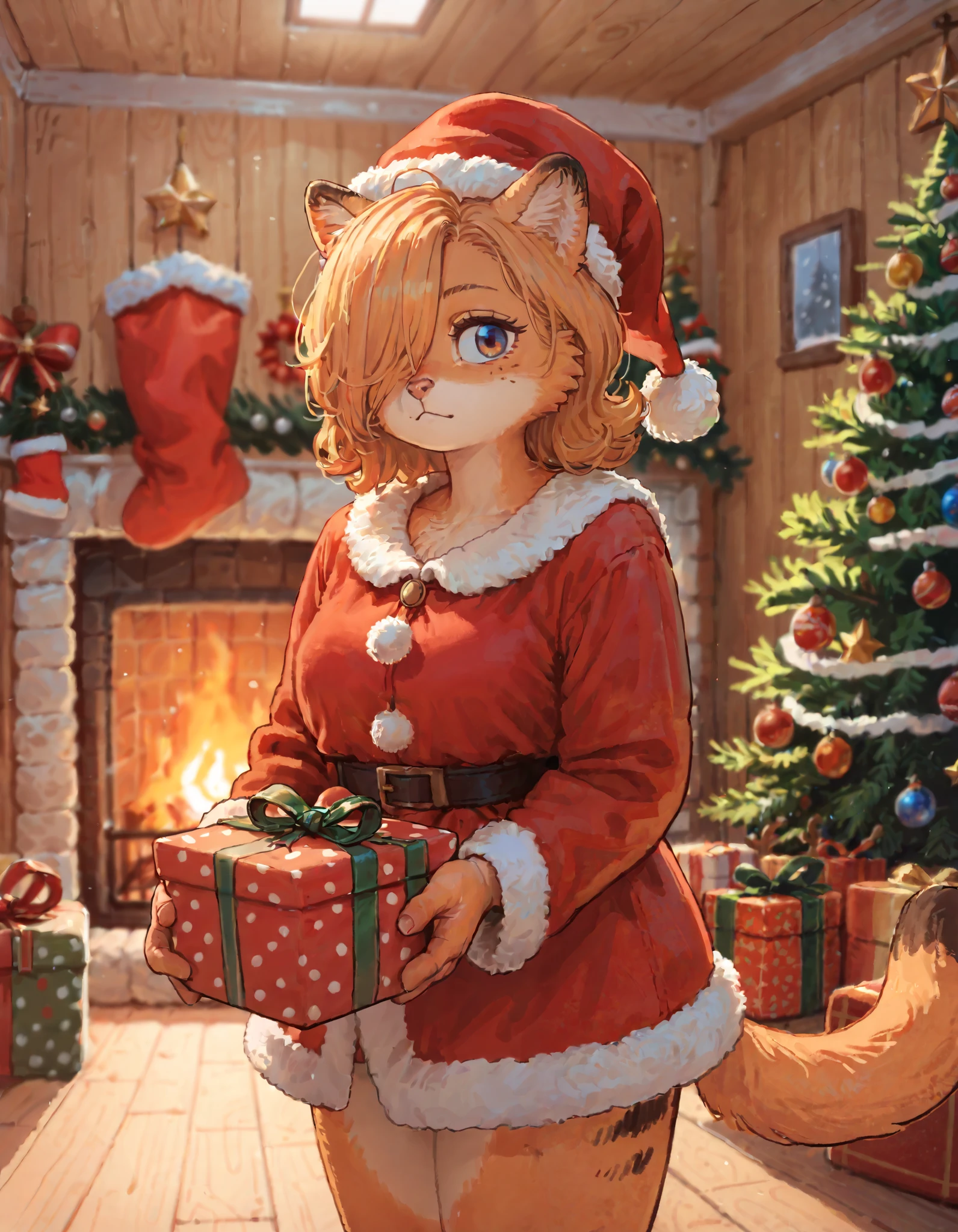 (chanta_\(ayatakaoisii\):0.9)transfield, 1girl, solo, orange fur, medium hair, hair over one eye, santa costume, santa hat, holding present, depth of field, interior, cabin, fireplace, [christmas tree], cowboy shot