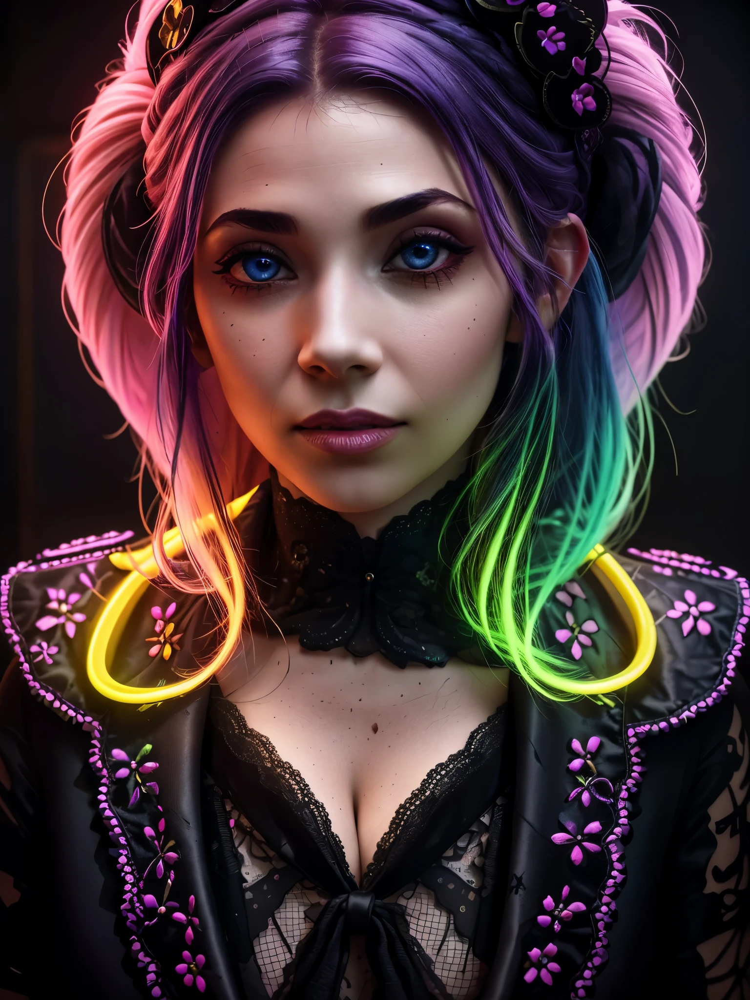 a woman in a colorful neon-lit fashion portrait, beautiful detailed eyes, beautiful detailed lips, long eyelashes, intricate hairstyle, vibrant neon colors, dramatic lighting, high fashion outfit, cinematic composition, photorealistic, 8K, hyper detailed, masterpiece, tara.tainton, daring outfit, cleavage, sexy