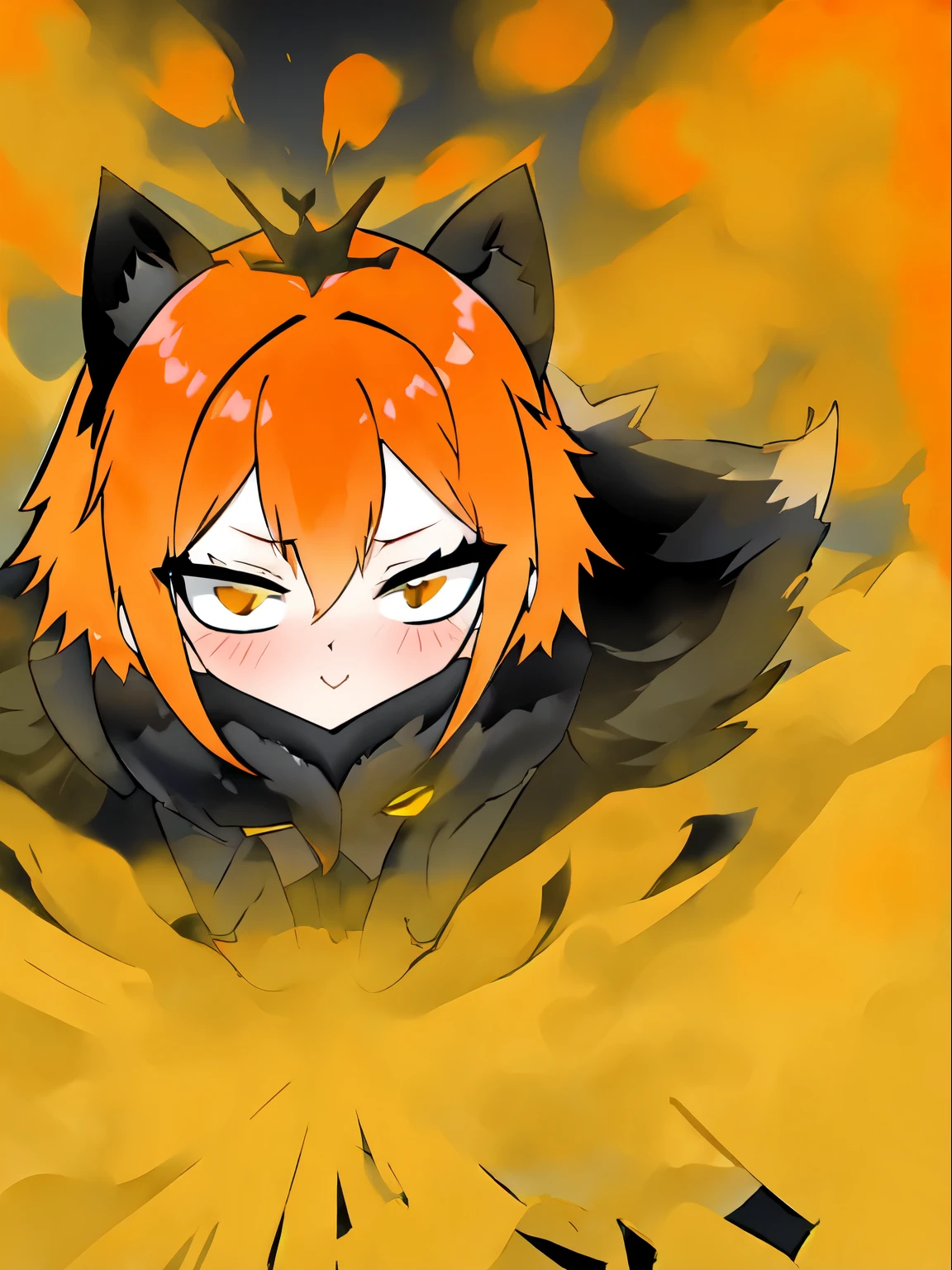 Cute orange fox girl péter(le visage bidimensionnel de HUD),portant un justaucorps noir,péter(fumée jaune),tiens bon,normal, pov