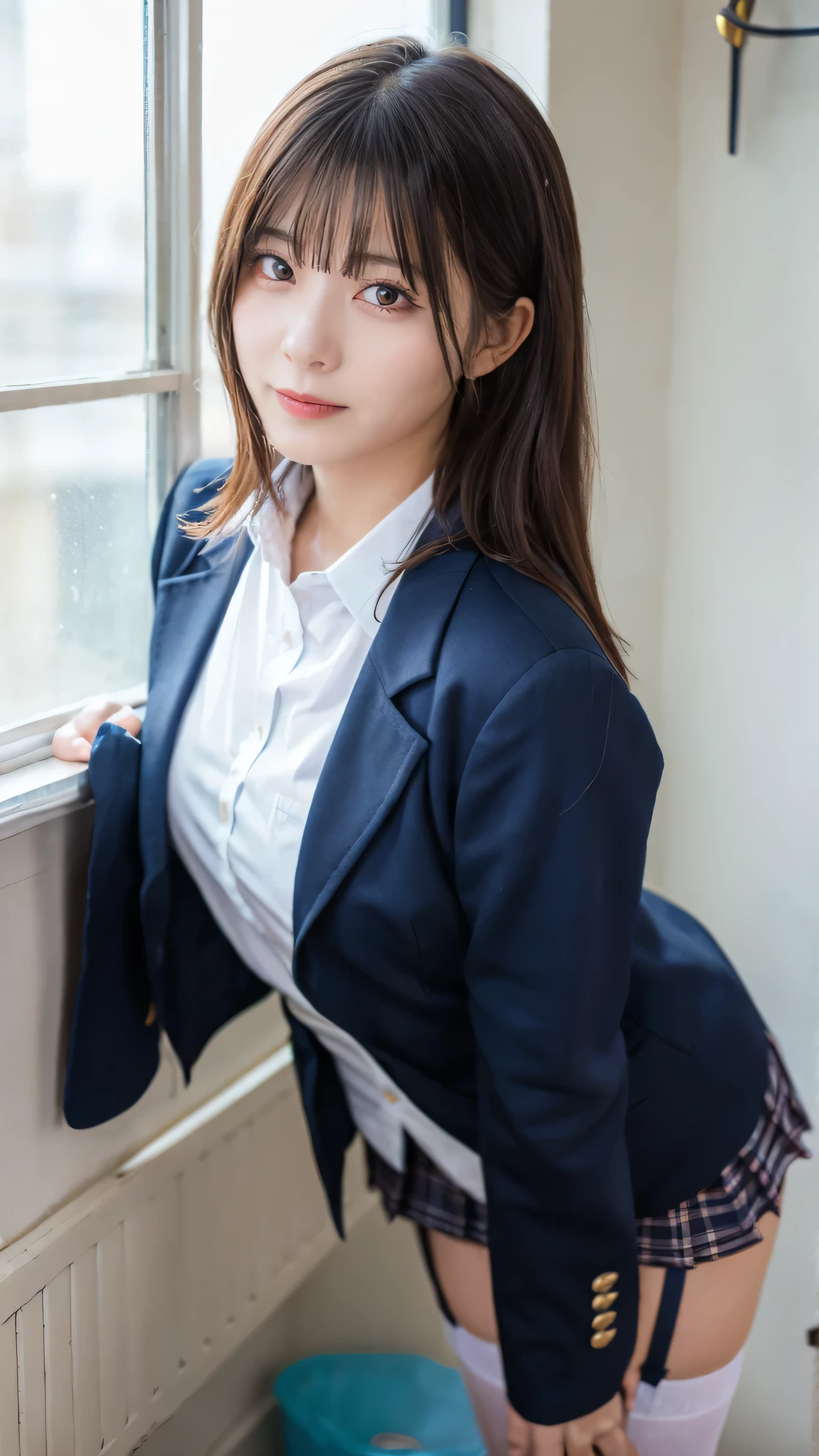 Must-have items, top quality, Illustration, super detailed, Details, high definition , 8k,wallpaper, perfect dynamic configuration,(Detailed high quality, realistic depiction of eyes kissed in the changing room:1.3), from side, high school classroom 、 Women's College Uniform、 blazer 、 SUPER SHORT CHECK UNIFORM SKIRT 、Navy blue high socks、 garter belt、Colossal 、Disturbed Uniforms, Super Long Hair、 Half Up Hairstyle, black hair color, small breasts, big natural colored lips, bold and sexy pose , ( Completate), Crying a little、Cold Stare, Harajuku style、 cute type, Hposing Gravure Idol , (semen:1.6)、Bokeh ball、