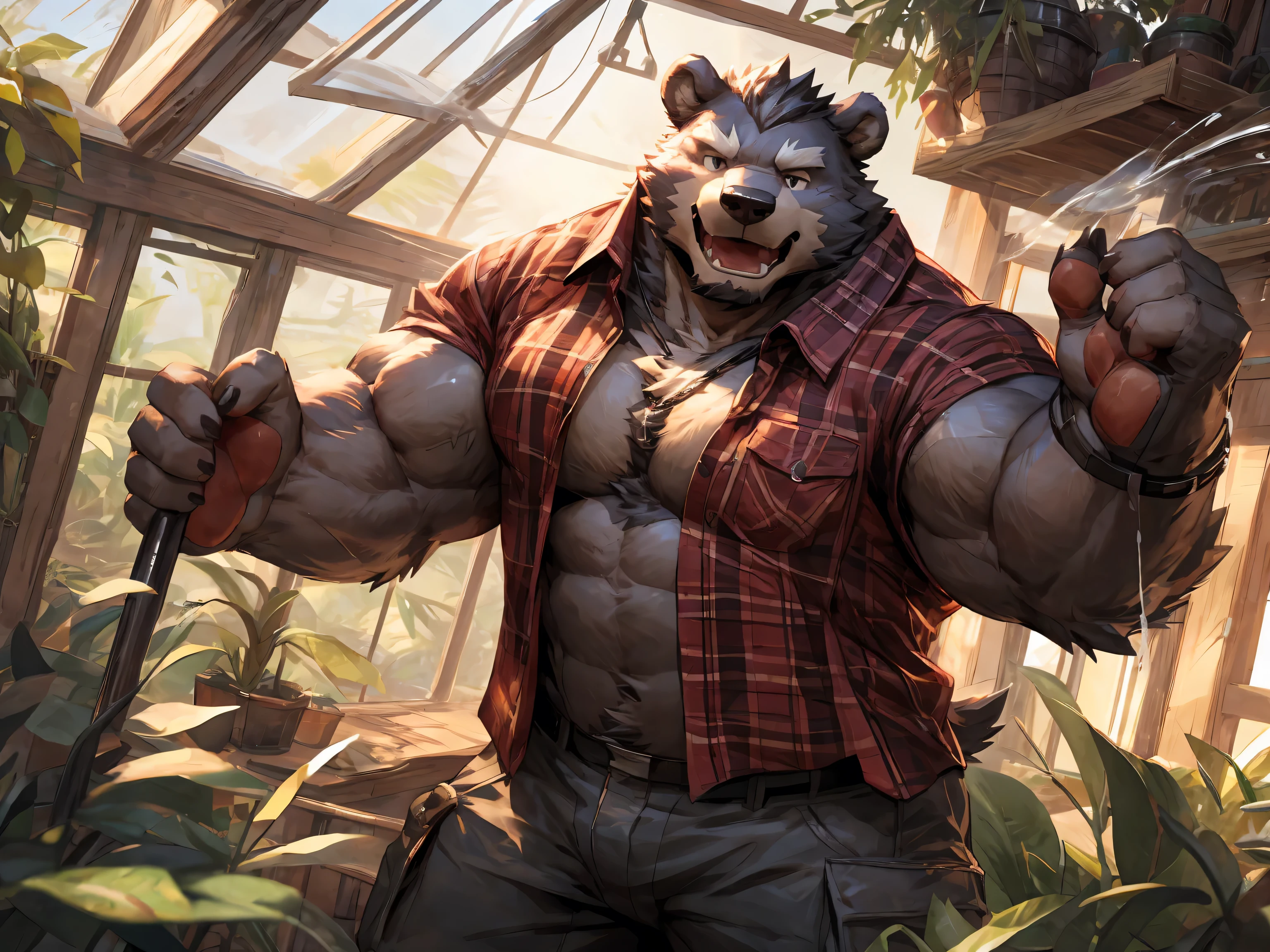 gray bear, solo, in greenhouse, paw pads details, masterpiece, (16K), HD, Various facial details, detailed background, very detailed, dynamic poses, Eyes details, high resolution, high quality, correct anatomy , cartoon, by lindong, by null-ghost, Crop Management, Cultivate Crops, Flannel Shirt, Cargo Pants, morning, Spraying water with a hose, pleasure, social fear