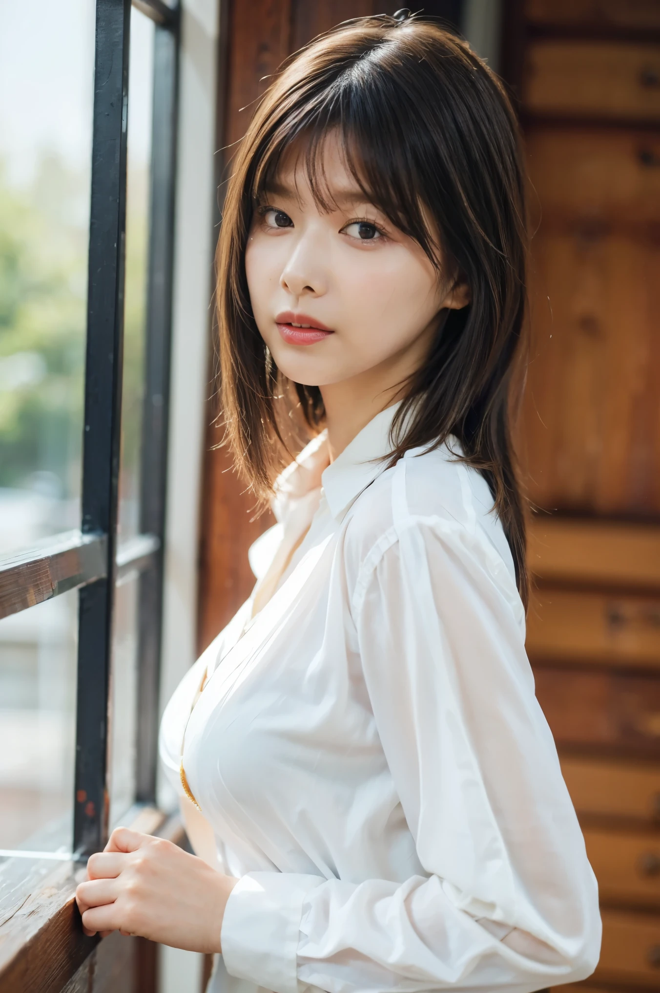 (( top quality, 8k, masterpiece on penis : 1.3)), sharp: 1.2, perfect body beauty : 1.4, slim abs: 1.2, (( Layered Hairstyles, Big Breasts: 1.2)), (濡れた White Button Long Shirt: 1.1), ( nudes: 1.2), Close face: 1.5, high definition face and skin texture, beautiful eyes, double eyelids , looking at the camera from the side