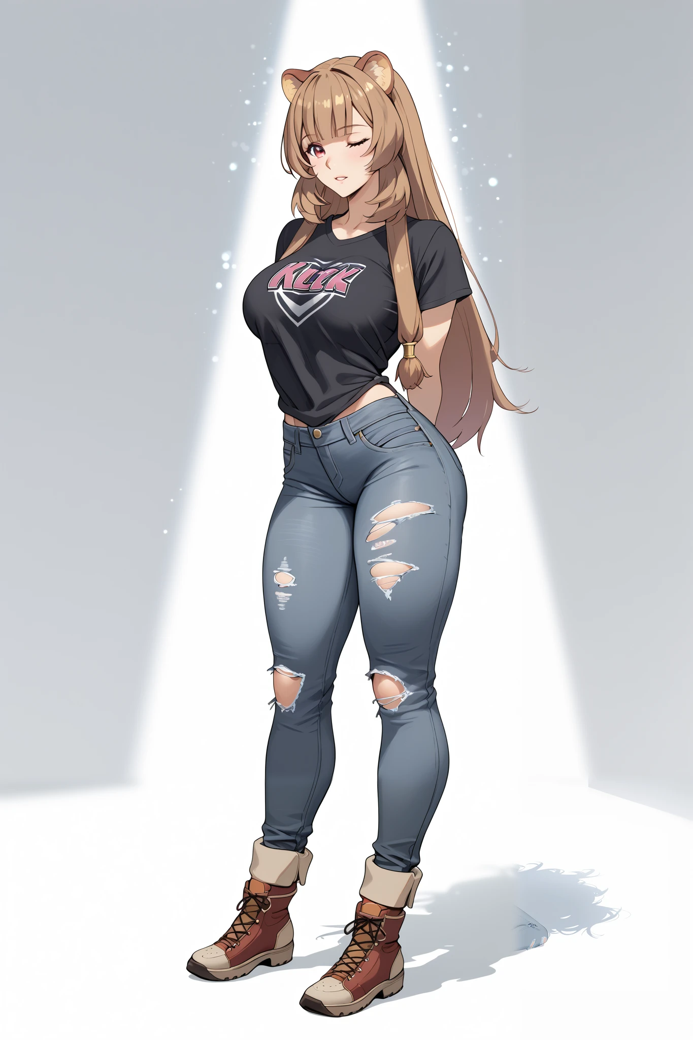 best quality, masterpiece, highres, 1girl,raphtalia,((fullbody)),stand up,large breasts,arms behind back,sexy legs,black tshirt,sleevelwss,ripped jeans,looking at viewers,front look,(high detailed skin:1.2), 8k uhd, dslr, soft lighting, high quality, Photograph, high resolution, 4k, 8k, Bokeh, plain background