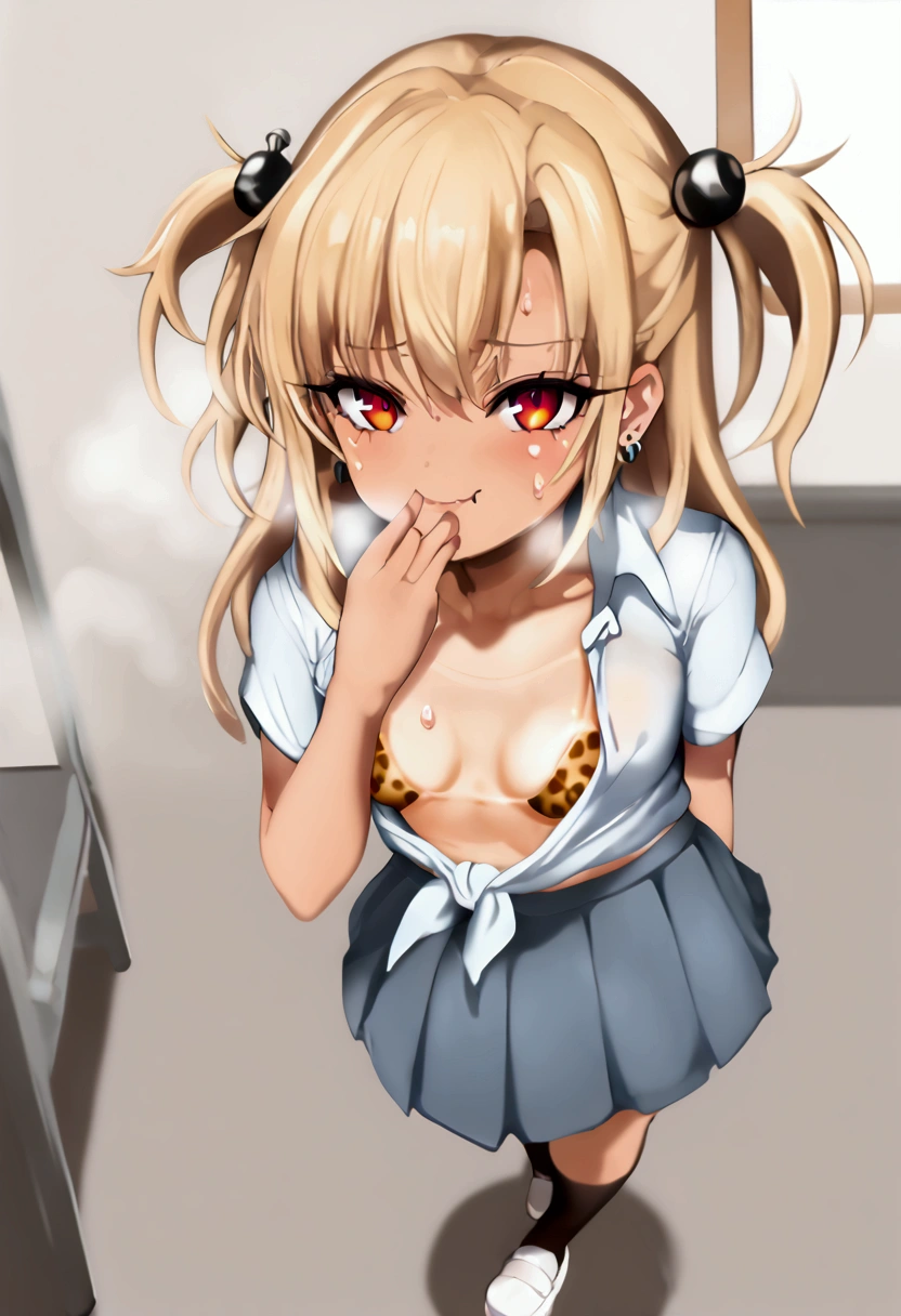 Mamimi style, detailed anime girlsXL:1, aaillya, long hair, blonde hair, two side up, hair ornament, red eyes, gyaru aesthetic, tied shirt, open clothes, leopard print bikini,(school uniform:1.3), 1female, short, small breasts,tanlines,(steam, Sweat), earring, condom packaging between breasts, mesugaki, smug, skin fang, hand to own mouth, full body, classroom background