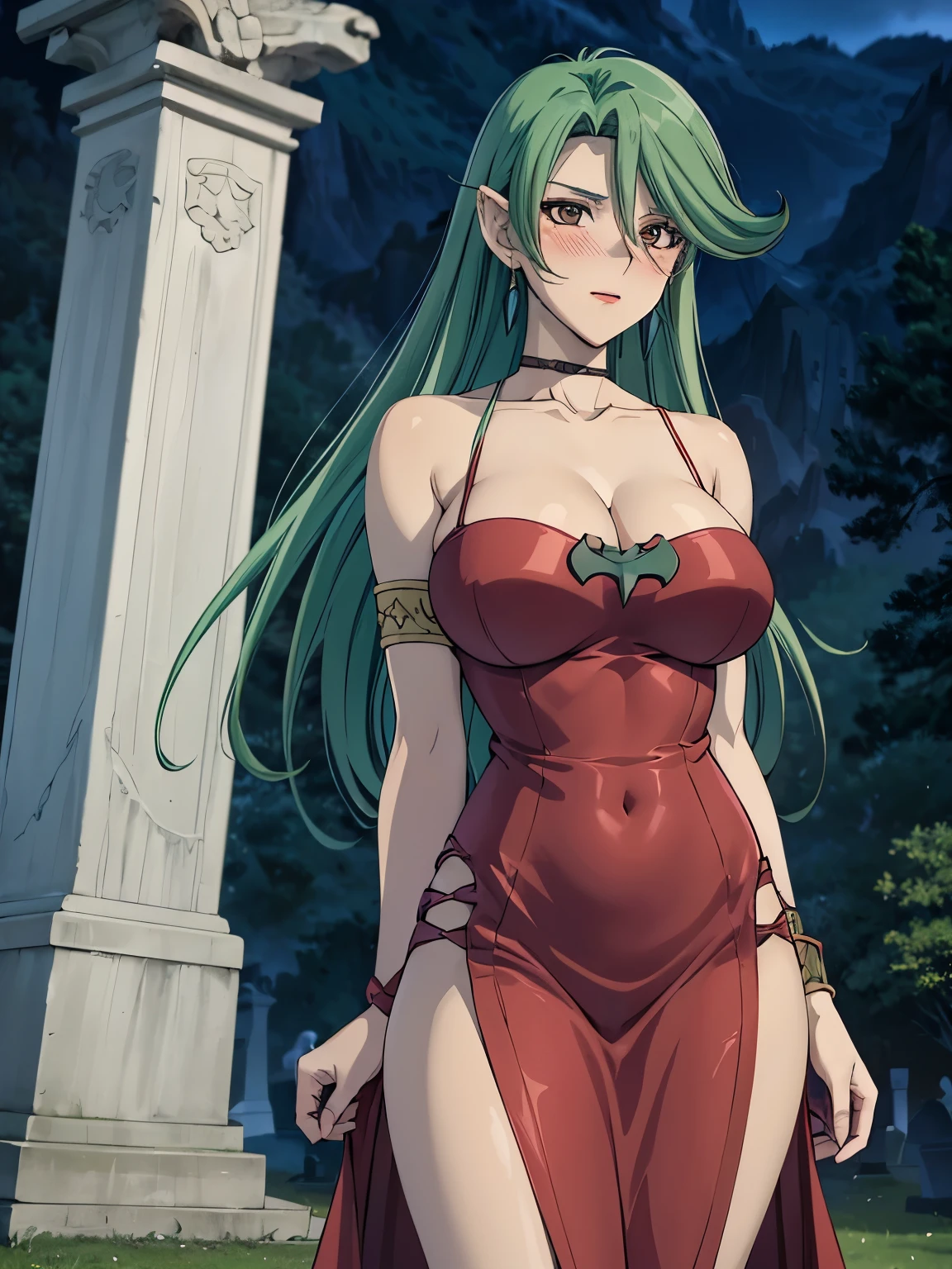 1 Female,High definition,high resolution,Ultra-realistic,8K, Camula, 1girl, solo,clear skin, long red dress, armlets,clear skin, green hair,European,sexy,Photographed from the front,Dynamic Angles,(blush), (medium tits) ,wide thighs ,cleavage, standing  ,arms behind back, cemetery, graveyard 