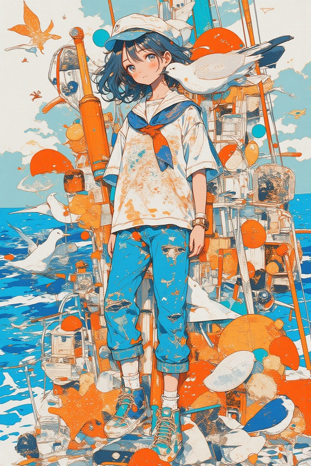   The girl Mad Sailor ,The girl said 「Yosolo」blue, orange ,White, surreal collage,a contemporary artistic collage,collage artwork, New Album Cover , Great Job !! ,digital collage、(collage ),collage art,contemporary collage,mixed media collage, surreal +      is high definition , surreal style,convertible、    Call it the Inner World of the Autism Spectrum, see here ,Nautical charts,compass,碇, seagull ,Sea Turtle,Starfish,telescope