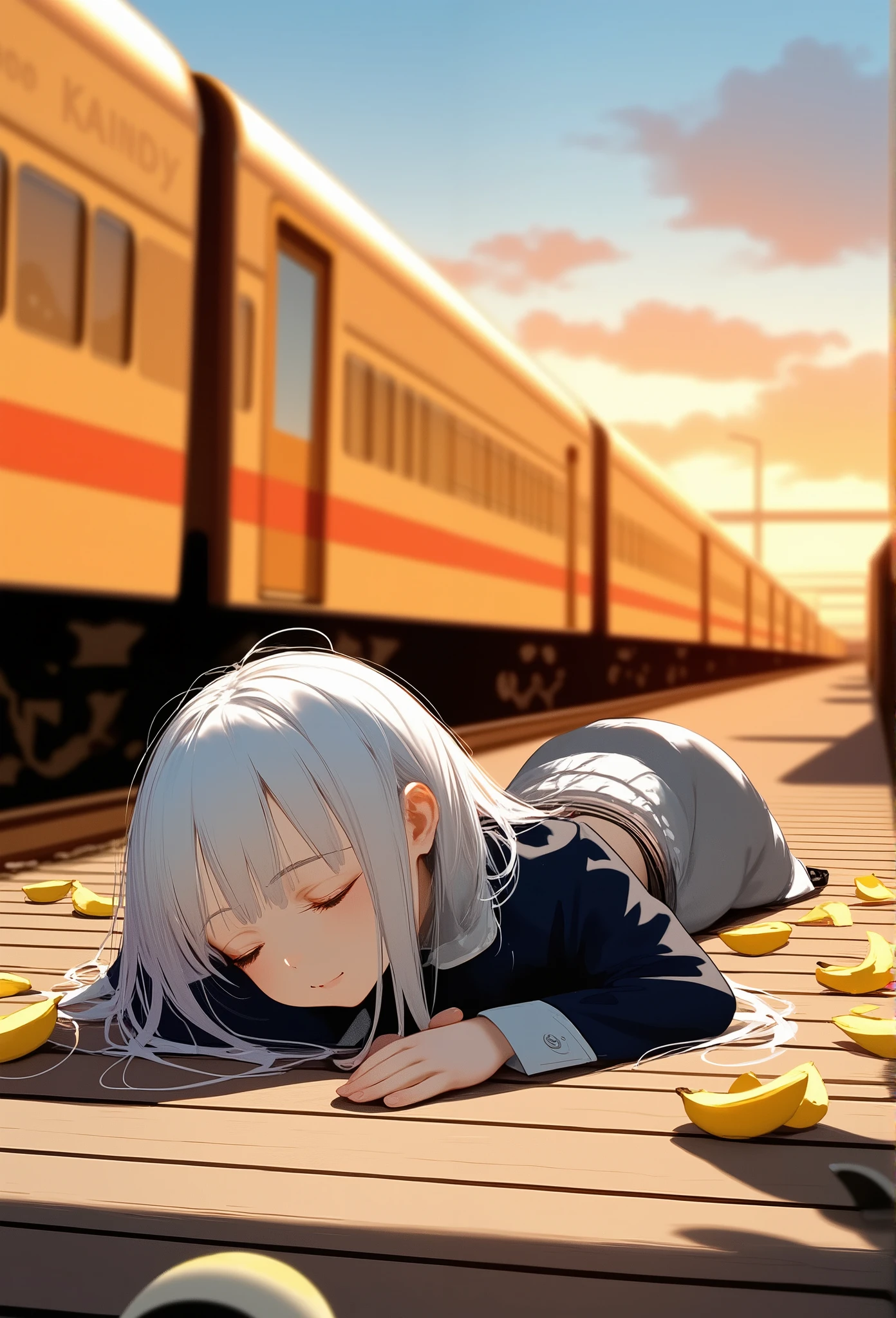amazing kawaii Anime Style, Digital Painting, best quality, 1girl, high school uniform, long white hair, school bag, lying on ground,behind shot,sleeping?,banana peel, scattered bananas, train platform, passing train, sunset, surreal composition, humorous tone, warm colors, perspective shot, soft shading