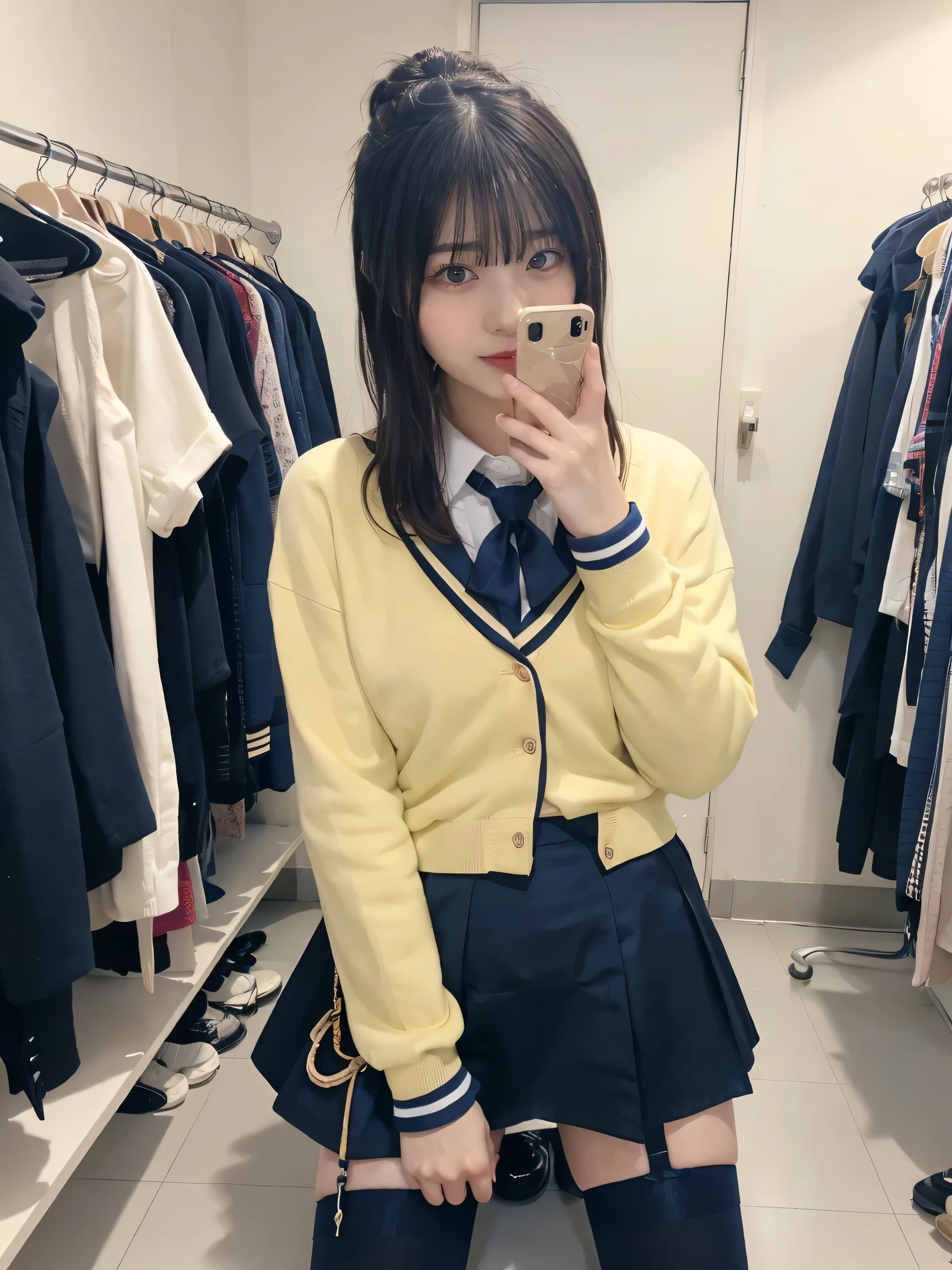 masterpiece on penis , top quality, Illustration, super detailed, Details, high definition , 8k,wallpaper, perfect dynamic configuration,(Detailed high quality, realistic depiction of eyes kissed in the changing room:1.3), high school classroom 、 Women's College Uniform、 cardigan、 SUPER SHORT CHECK UNIFORM SKIRT 、Navy blue high socks、 garter belt、Colossal 、Disturbed Uniforms、, black hair color, big natural colored lips, bold and sexy pose , ( Completate), Crying a little、 Harajuku style、 20 year old girl 、 cute type, beautiful legs, Hposing Gravure Idol , Full Thighs