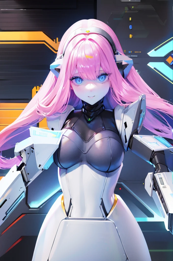 One Girl, alone, High resolution, vision, Accurate, Highest quality, 超High resolution, Shortcuts, robotization, ((Android、robot、Inorganic skin))、future、(Pale skin、saturated color)、pistol、(black、skinny、Bodysuits), long hair, (Deep Eye、Lens Cover、smile、Machine Face)、mannequin、(background、factory, lab)、big bust 