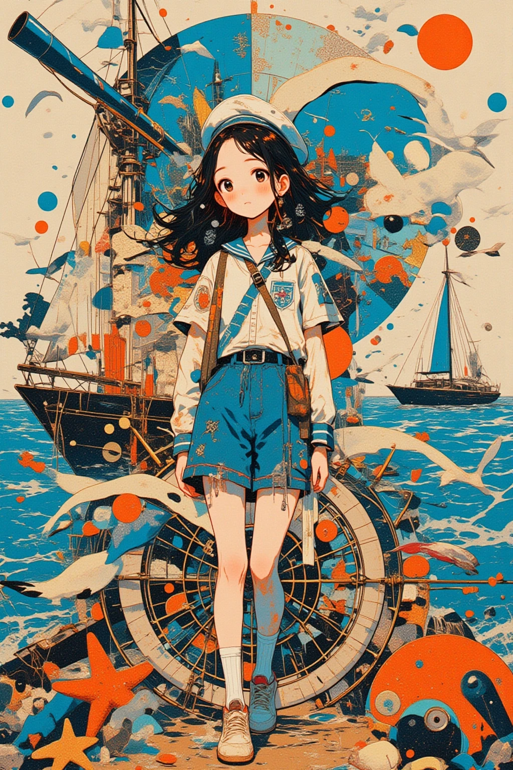   The girl Mad Sailor ,The girl said 「Yosolo」blue, orange ,White, surreal collage,a contemporary artistic collage,collage artwork, New Album Cover , Great Job !! ,digital collage、(collage ),collage art,contemporary collage,mixed media collage, surreal +      is high definition , surreal style,convertible、    Call it the Inner World of the Autism Spectrum, see here ,Nautical charts,compass,碇, seagull ,Sea Turtle,Starfish,telescope