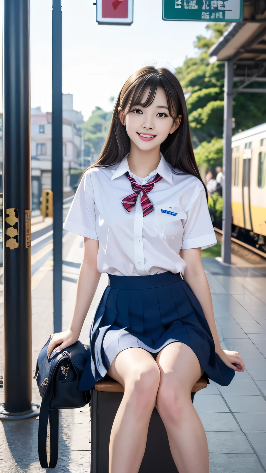 (masterpiece, highest quality:1.2), 8k, 15Year, 85mm, official art, RAW photo, スーパースリムなスレンダーbeautiful girl, Year, 85mm, official art, RAW photo, 超絶スリムな美しいスレンダーbeautiful girl, navy blue short skirt、short sleeveの白い制服シャツ、show me your ears、naked girl photoshoot、full nude, , cute face, close, Half body, Biolace, gardenia, beautiful girl, school uniform, (navy pleated skirt:1.1), tighten your waist, thighs, short sleeve, in the train, sit on a bench seat, looking at the viewer, no makeup, (smile:0.4), film grain, chromatic aberration, sharp focus, face light, clear lighting, Ten generations, detailed face, background bokeh, (dark red tie:1.1)、