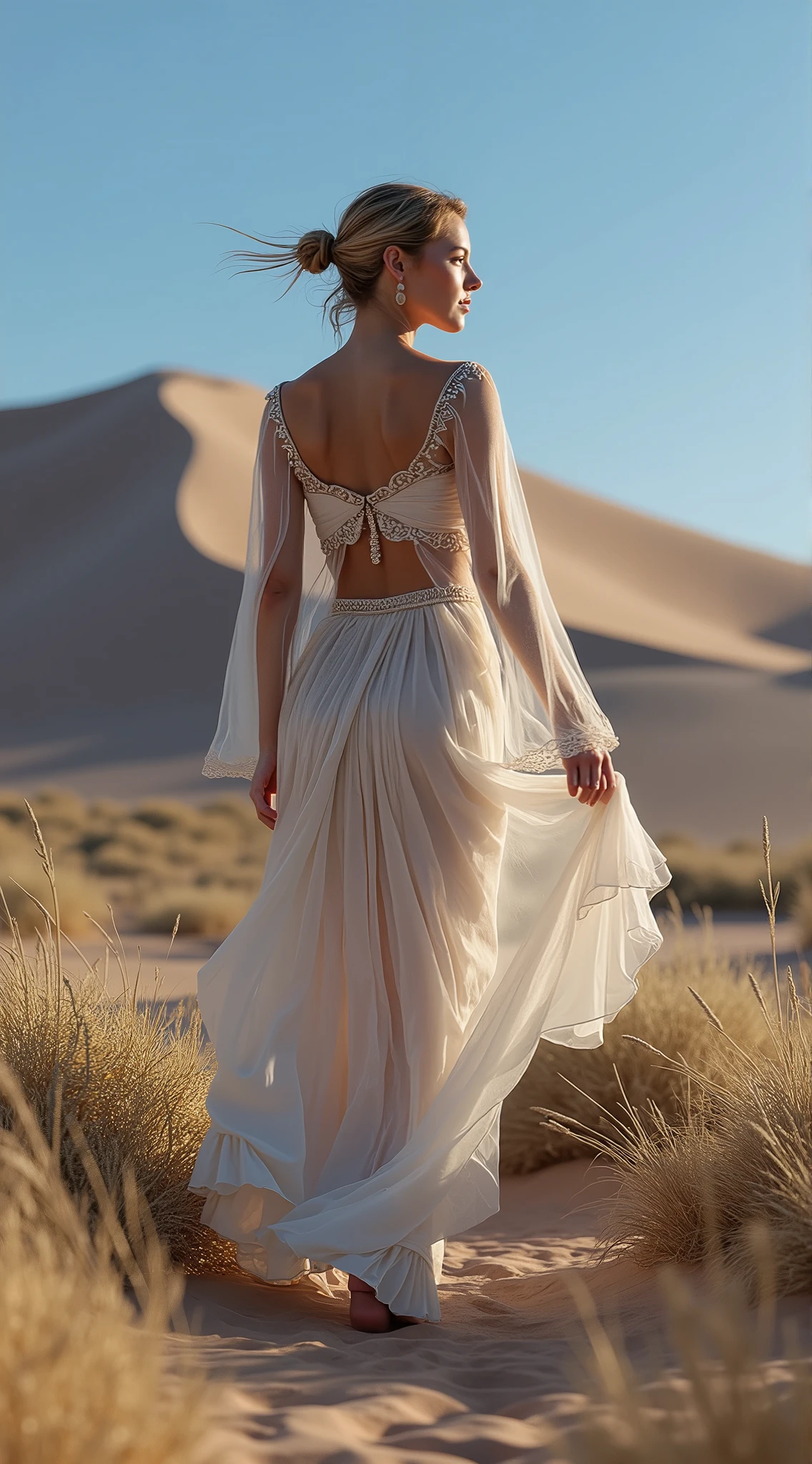 a 15 years old girl,standing on a desert sand,(wear transparent white green sexy lace),long hair,beautiful skin,UHD,8K,beautiful face