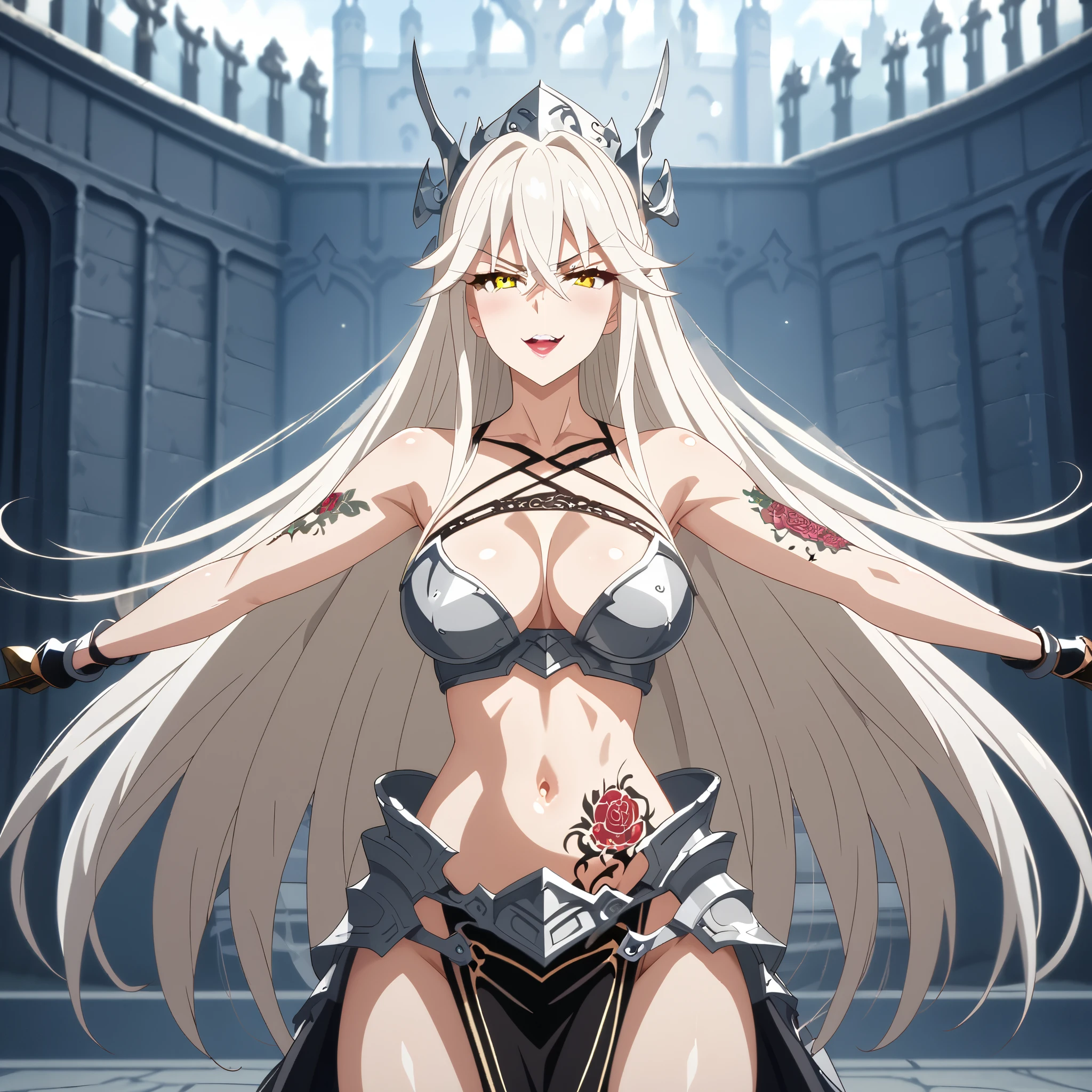 vysis, white hair, long hair, yellow eyes, medium breasts, anime coloring, blush, lipstick, long hair,  Hot girl, baddie, staring, glaring, bad attitude, mean girl,   masterpiece, best quality, highly detailed, fantasy , a anime girls in armored dress holding a sword
posing for a picture, evil smile, smile, open mouth, breastplate with open cleavage, cleavage, warrior
outfit, ecchi anime style, anime girls, ecchi style, (nsfw) not safe for work, ecchi, digital anime art!!, in
anime style, official artwork, visual novel cg, beautiful anime girl, anime style 4 k , loincloth, exposed
belly, exposed navel, exposed midriff, exposed lower belly, pencil skirt armored, castle,inside castle, dragon tattoo, tattoo on body, tattoo midriff, rose tattoo, shiny skin,, open arms sideway, arms T-pose, smirk, standing, anime girl T posing, 