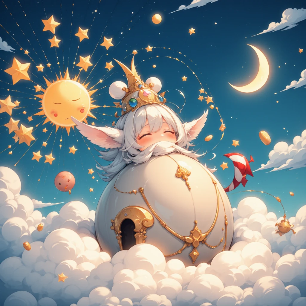 Personification, the sky about to greet the morning, the oversleeping sun, the panicked stars, the smiling crescent moon, This is cute fantasy art that looks like a fairy tale picture book, ultra detailed, absolutely resolution, masterpiece