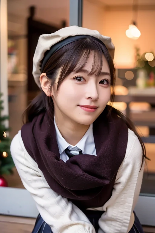 (Masterpiece,  best quality, Perfect Anatomy,  highres icon, 8k, realistic, photo realistic, natural skin texture, no makeup:1.2), Japanese girl stopping in front of a shop window on Christmas Eve, age20, (very cute:1.2), shy smile, (large breasts and perfect style:1.2), (mini skirt:1.7), I'm wearing an earth-colored winter long sleeve tight knit, (wrapping a plain scarf around her neck), beret, Christmas, (looking at viewer:1.5), side shot, cowboy shot, (natural lighting), erogao , jp idol, tanukigao