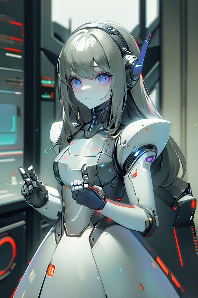((highest quality)),(ultra high resolution),(Super detailed),(detailed description),((best CG)),(best work of art),super precision art,great drawing art,(Sci-fi art with precise details:1.5), (1 woman:1.6),(beautiful and well-shaped face:1.5),smile:1.7,((A complex mechanical body with intricate details:1.5)),(Luminous body embedded in the body:1.7), (she is standing in the control room:1.8),(robot arms surrounding her:1.7)