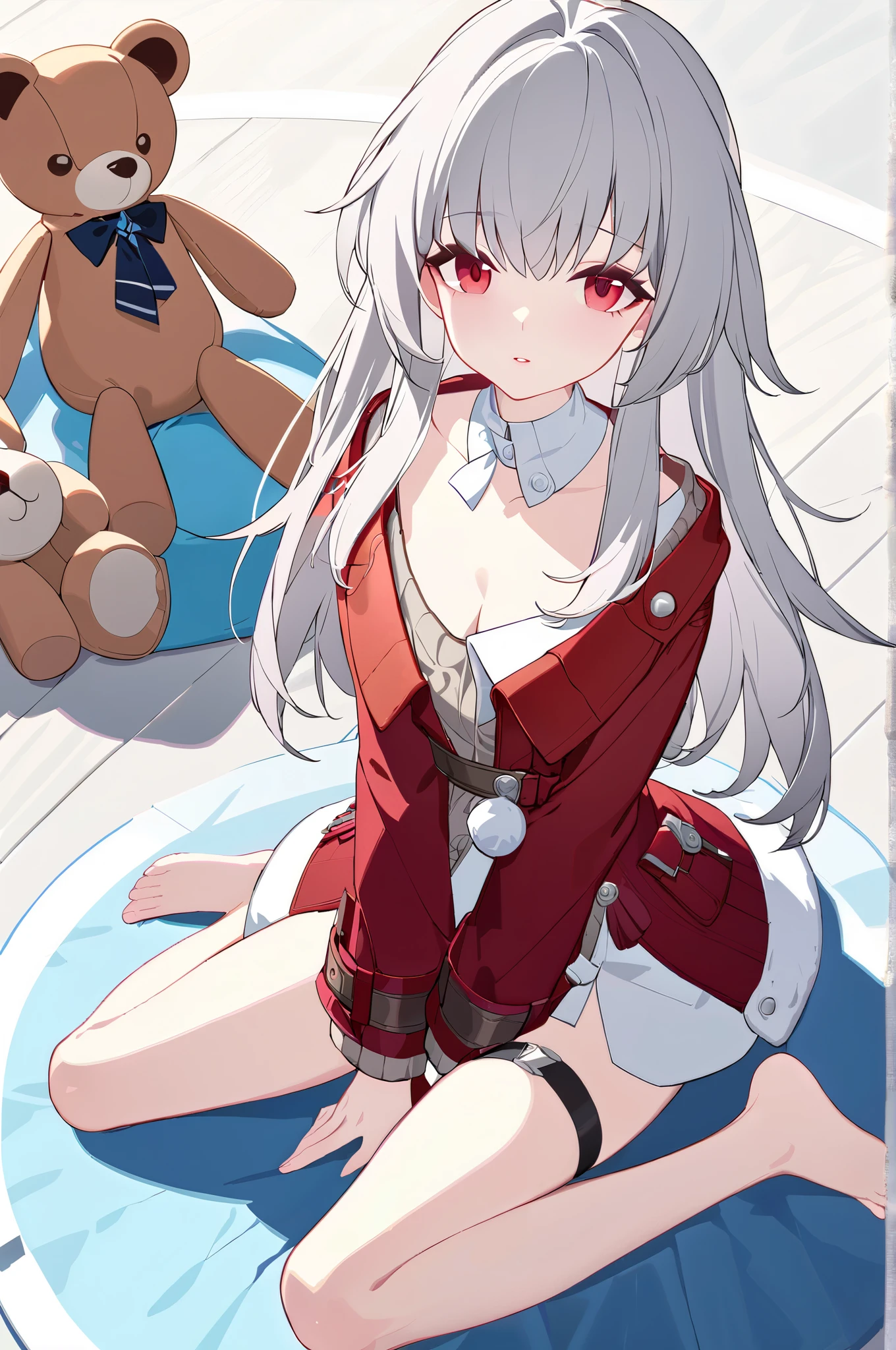 masterpiece, best quality, perfect features, intricate details, ray tracing, very aesthetic, (hitenkei, askzy:0.5), 1girl, clara \(honkai: star rail\), solo, red coat, white dress, detached collar, sweater,  barefoot, thigh strap, barefoot, full body, wariza, sitting, from above, stuffed toy, looking at viewer, parted lips, head tilt, depth of field  