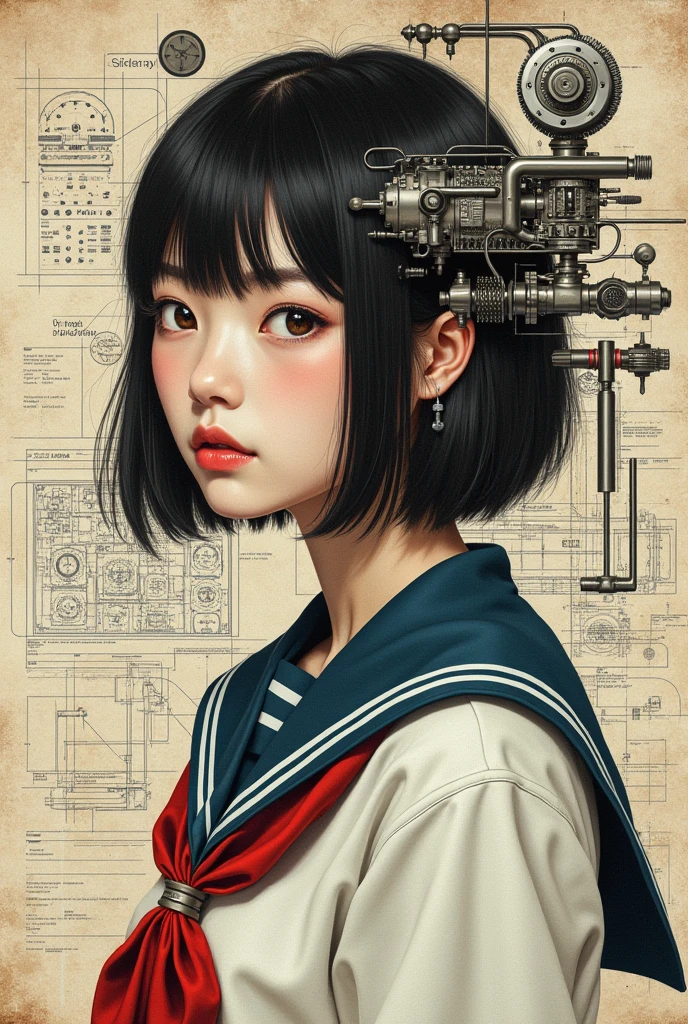  Using the power of complex mechanical drawings and instructions,  Complex and detailed portraits of modern Japanese women , collage, (Numerous setting notes:2.0),  Japanese high school uniform ,  sailor suit , Mixed media work with text and diagrams ,  perfect configuration on board , Proper placement, Golden Ratio,  expressed by mixing elements of silence and chaos , 