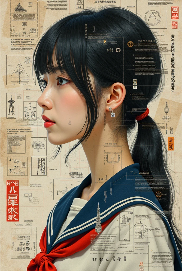  Using the power of complex mechanical drawings and instructions,  Complex and detailed portraits of modern Japanese women , collage, (Numerous setting notes:2.0),  Japanese high school uniform ,  sailor suit , Mixed media work with text and diagrams ,  perfect configuration on board , Proper placement, Golden Ratio,  expressed by mixing elements of silence and chaos , 