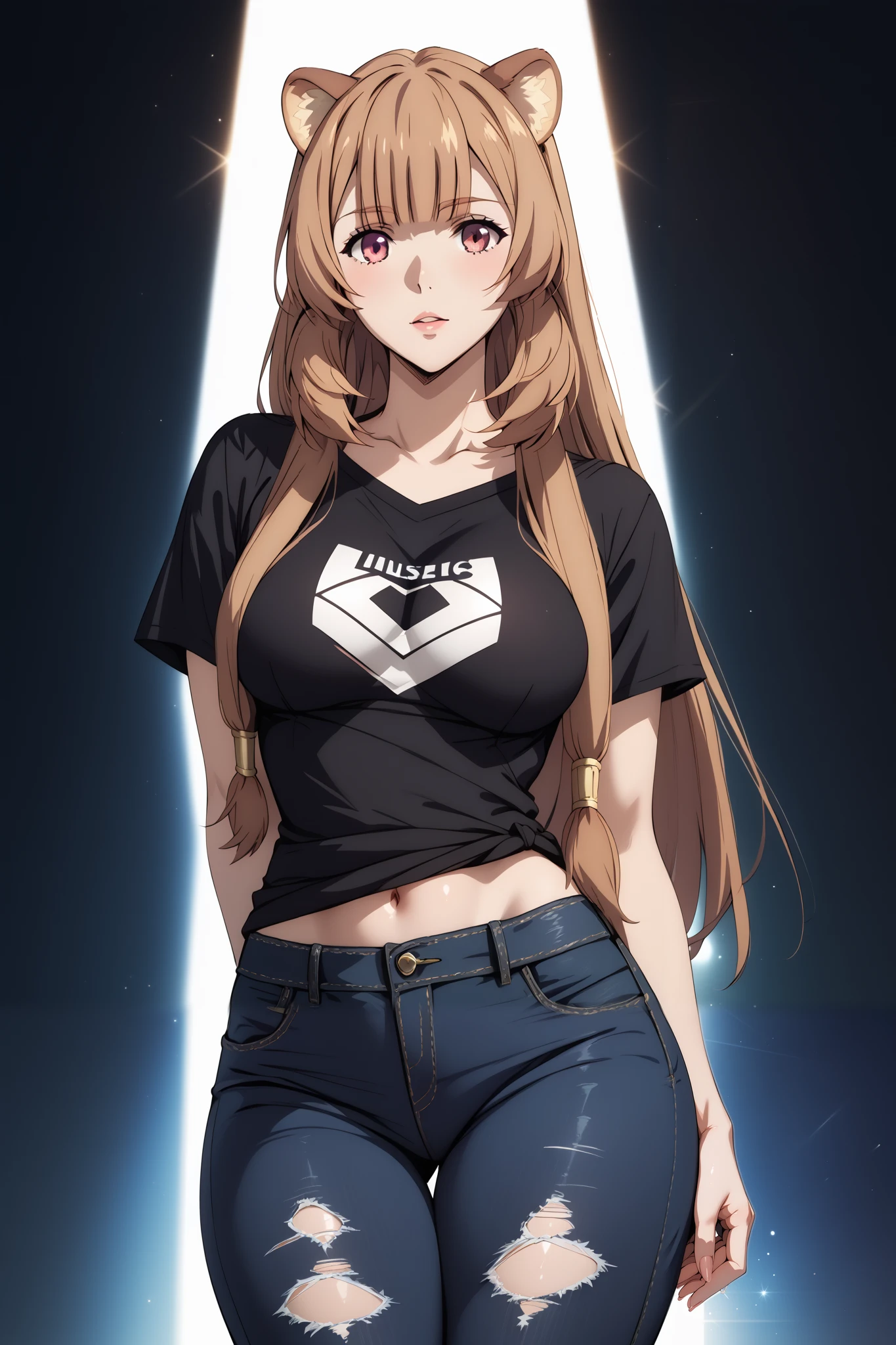 best quality, masterpiece, highres, 1girl,raphtalia,((fullbody)),stand up,large breasts,arms behind back,sexy legs,black tshirt,sleevelwss,ripped jeans,looking at viewers,front look,(high detailed skin:1.2), 8k uhd, dslr, soft lighting, high quality, Photograph, high resolution, 4k, 8k, Bokeh, plain background