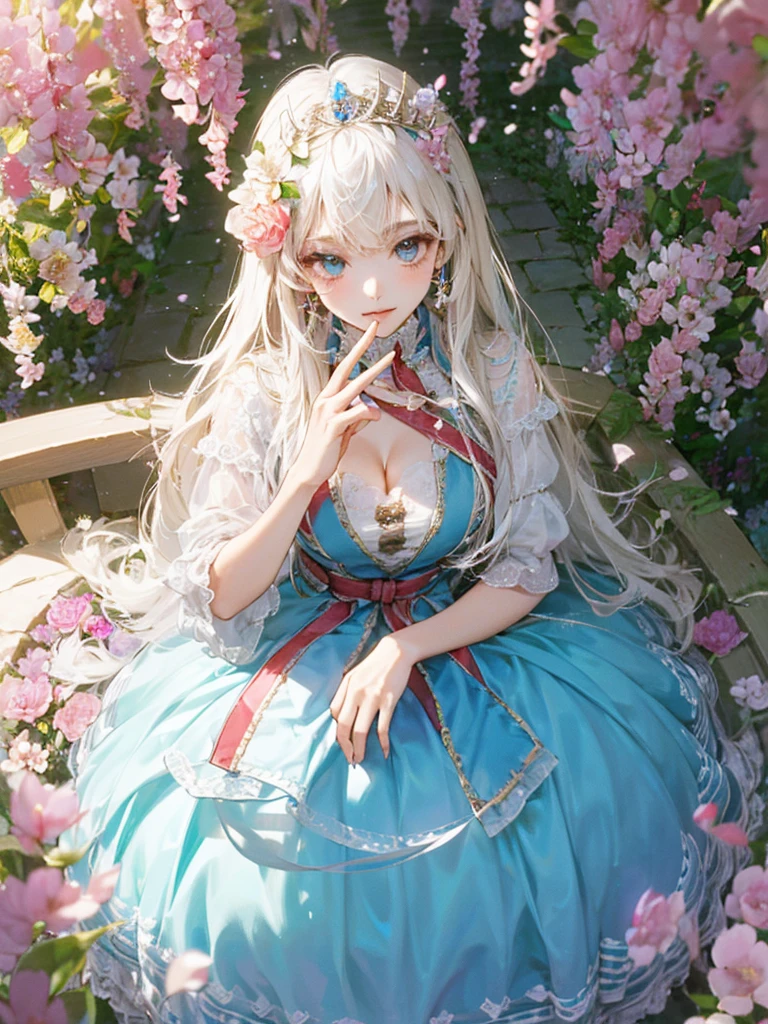 Create an image of a bashful girl with silver hair and cyan eyes, looking down with a nervous smile. Her hair is medium length, slightly wavy, and she wears a simple yet elegant dress with a blue sash. She is sitting on a swing in a lush, sunlit garden, surrounded by blooming flowers and greenery. The camera angle is slightly above, capturing her gentle expression and the vibrant garden. Ensure the image is a masterpiece with the best quality, very detailed, and very delicate, (nsfw)