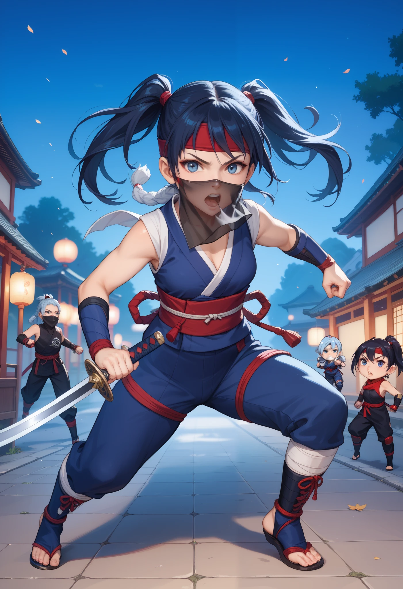 deformed character、Chibi style Japanese anime style、1 person、 Light Blue Long Hair 、 twin tails 、 Mouth veil, (Ninja), female Ninja, Stern expression, hold a Japanese sword, Running in the dark night, Ninja