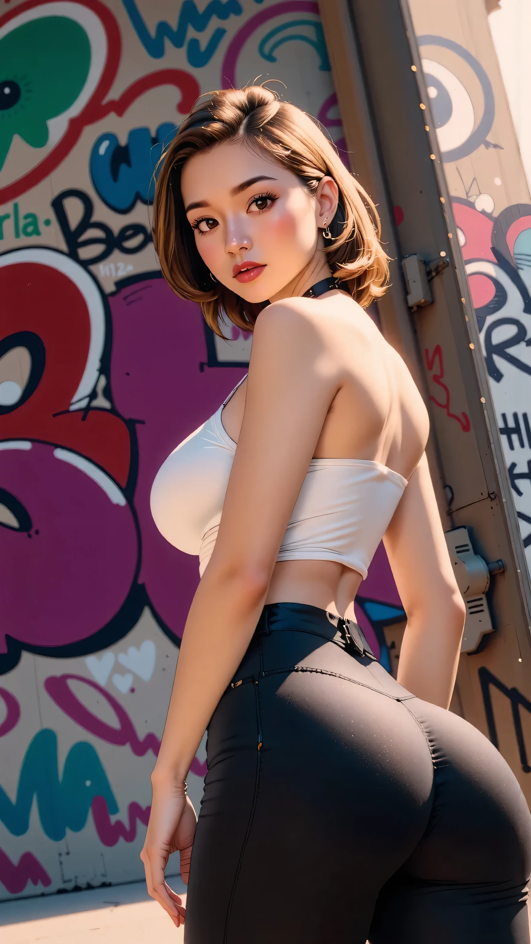 (masterpiece, best quality:1.4), official art, absurdres, vivid colors, girl, asian teen, beautiful eyes, tight crop top, tight pants, choker, (splash ink, graffiti on wall:1.2), navel, slender, standing, from below, cowboy shot, small waist, thick thighs, (arch back, perky butt:0.6), sharp focus, dynamic lighting, cinematic lighting, dramatic shadow, highres, ultra detailed, finely detail, extremely detailed, detailed eyes and face, sharp pupils, realistic pupils, simple background, big breasts, cleavage, 