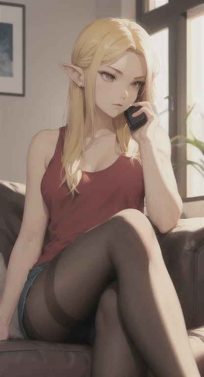 (masterpiece, best quality:1.2), solo, Android 18 from Dragon Ball, ((light gray baggy crop T-shirt, short sleeve, black thin thigh highs, knees up, beautiful butt, light gray panties)), small breasts, short blonde hair loose, ((close eyes)), (wearing glasses), earrings on earlobes, slender feminine figure, skinny body, cleavage, light blush, chill, organized, simple, white-based interior, a few plants, cloudy sky, terrace, magnificent view, blur background, 4K, on the cute chair, (pale blue chair), midriff-baring, armpit, pantyshot, arms up behind,