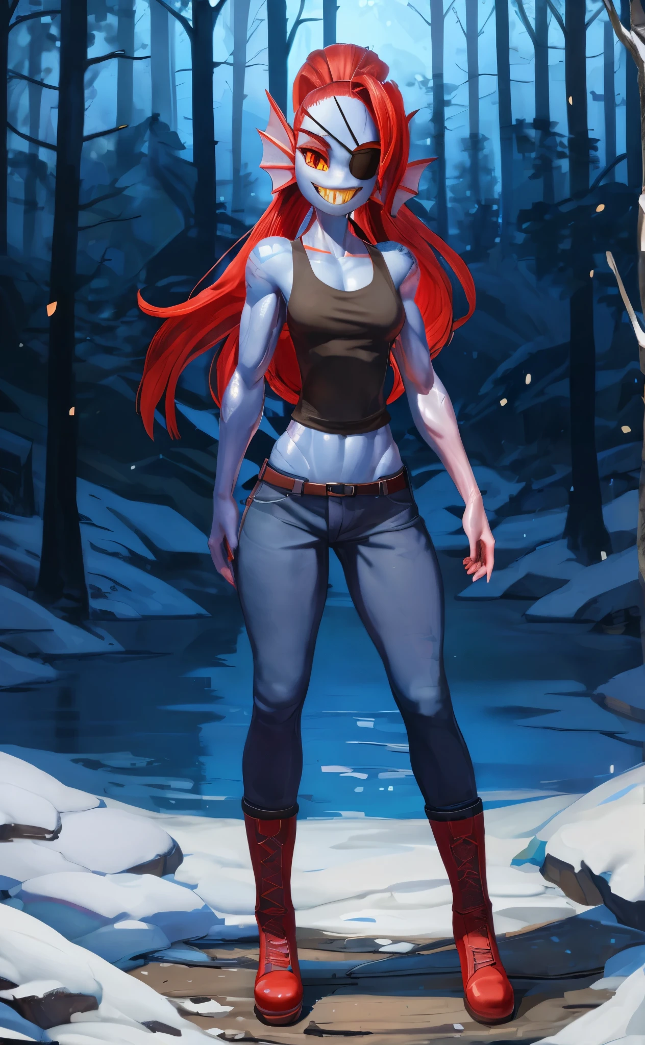 [wo!262undyne], [Undertale], [Uploaded to e621.net; (Pixelsketcher), (wamudraws), (wo!262)], ((masterpiece)), ((HD)), ((high red)), ((solo portrait)), ((full body)), ((feet visible)), ((front view)), ((detailed scales)), ((detailed shading)), ((beautiful rendering)), ((intricate details)), {(athletic figure), (blue scales), (fish fins), (fish gills on neck), (long red hair), (cute red eyes yellow sclera), (white reflexion in eyes), (short eyelashes), (defined muscles), (curvy hips), (toned thighs), (beautiful legs), (smug toothy grin), (sharp yellow teeth)}, {(black tank top), (tight blue jeans), (red boots), (black eyepatch)}, {(standing), (looking at viewer)}, [ambient lighting, snowy forest, nighttime]