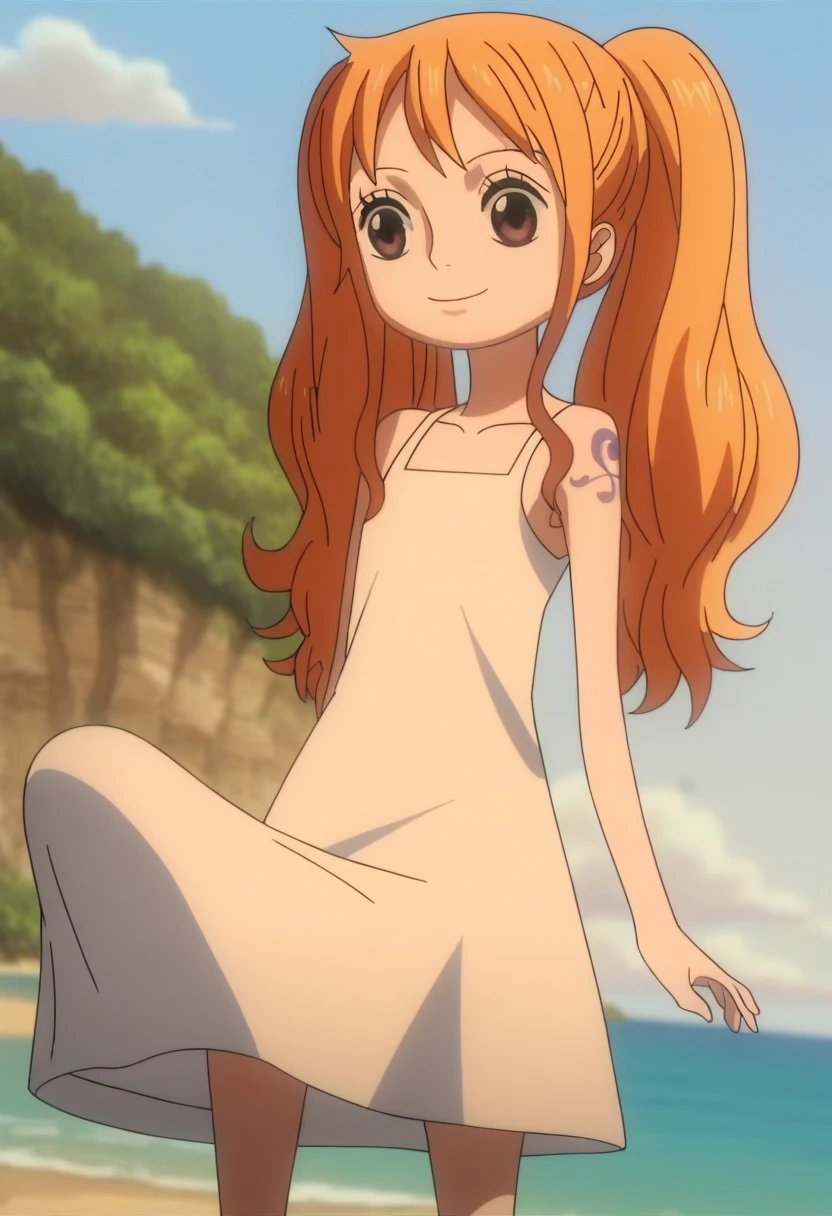 score_9, score_8_up, score_7_up, 1futa, solo, 
youngnami, sleeveless white dress, twintails, sunny day,  futa , outdoors, beach, smile, dutch angle, cowboy shot, shoulder tatttoo, anime screencap, cute, hyper gigantic penis, hyper bulge penis, hidden penis