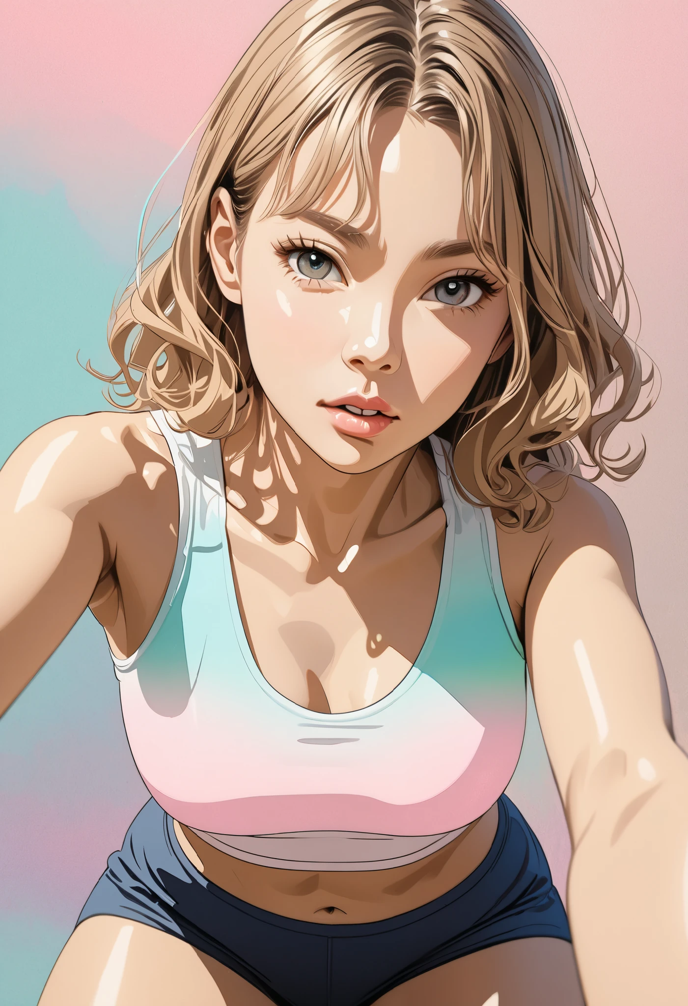 (  masterpiece on penis ),  top quality,  beautiful woman,  expressive eyes,  perfect face,  1 Woman ,  still movie photo of one girl :1.3, (pastel color line drawing :1.3), Teenage Girl,  final and take a selfie, Generate a sleeveless spandex top ,  high waisted short ,  generate shirt shorts ,  lean forward ,  clevis, Curved Body, Thigh height,  slender body,  slender body,  swollen lips ,  looks like a final , Light brown long hair,  wave hair,  medium chest, Bokeh,  realistic , 8k,  complex details, Bokeh,  blurry background,  retro art pose ,  pop art pose ,  high definition ,  super detailed, Soft light, Strong line drawing, (( cell shading style )),  simple background, modernism, Natural Style, Detailed animated illustration art including backgrounds, 