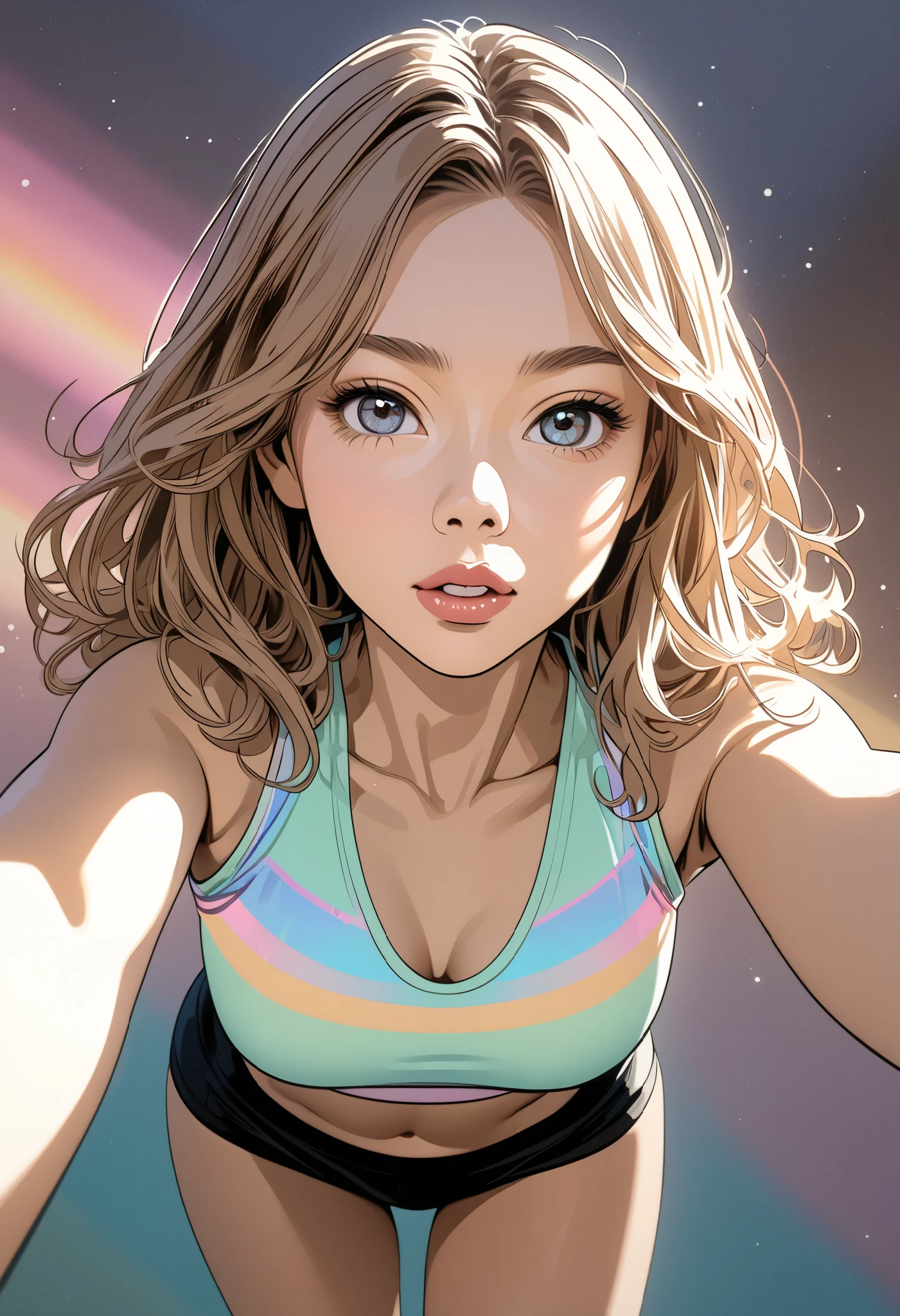 (  masterpiece on penis ),  top quality,  beautiful woman,  expressive eyes,  perfect face,  1 Woman ,  still movie photo of one girl :1.3, (pastel color line drawing :1.3), Teenage Girl,  final and take a selfie, Generate a sleeveless spandex top ,  high waisted short ,  generate shirt shorts ,  lean forward ,  clevis, Curved Body, Thigh height,  slender body,  slender body,  swollen lips ,  looks like a final , Light brown long hair,  wave hair,  medium chest, Bokeh,  realistic , 8k,  complex details, Bokeh,  blurry background,  retro art pose ,  pop art pose ,  high definition ,  super detailed, Soft light, Strong line drawing, (( cell shading style )),  simple background, modernism, Natural Style, Detailed animated illustration art including backgrounds, 