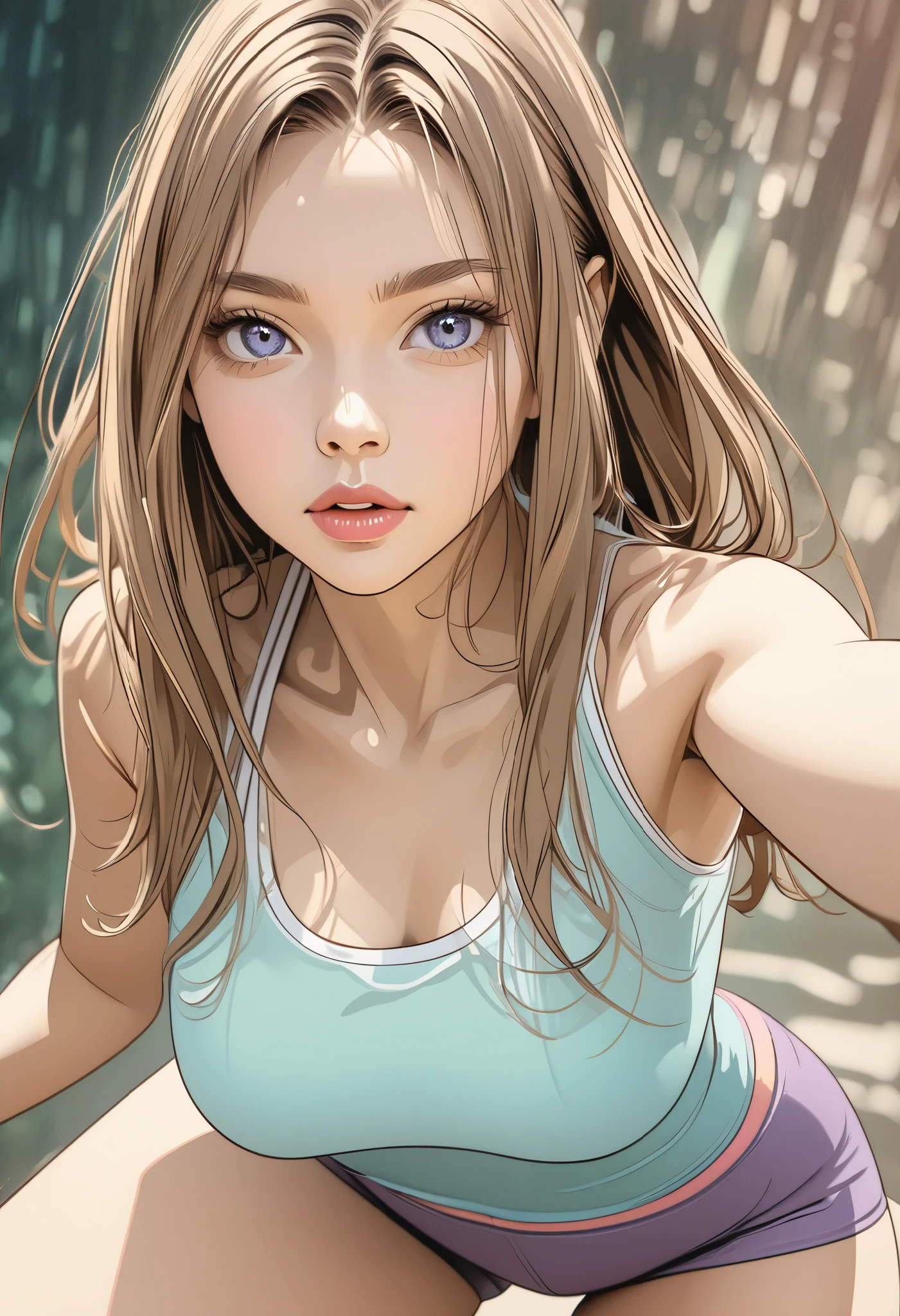 (  masterpiece on penis ),  top quality,  beautiful woman,  expressive eyes,  perfect face,  1 Woman ,  still movie photo of one girl :1.3, (pastel color line drawing :1.3), Teenage Girl,  final and take a selfie, Generate a sleeveless spandex top ,  high waisted short ,  generate shirt shorts ,  lean forward ,  clevis, Curved Body, Thigh height,  slender body,  slender body,  swollen lips ,  looks like a final , Light brown long hair,  wave hair,  medium chest, Bokeh,  realistic , 8k,  complex details, Bokeh,  blurry background,  retro art pose ,  pop art pose ,  high definition ,  super detailed, Soft light, Strong line drawing, (( cell shading style )),  simple background, modernism, Natural Style, Detailed Iris, 