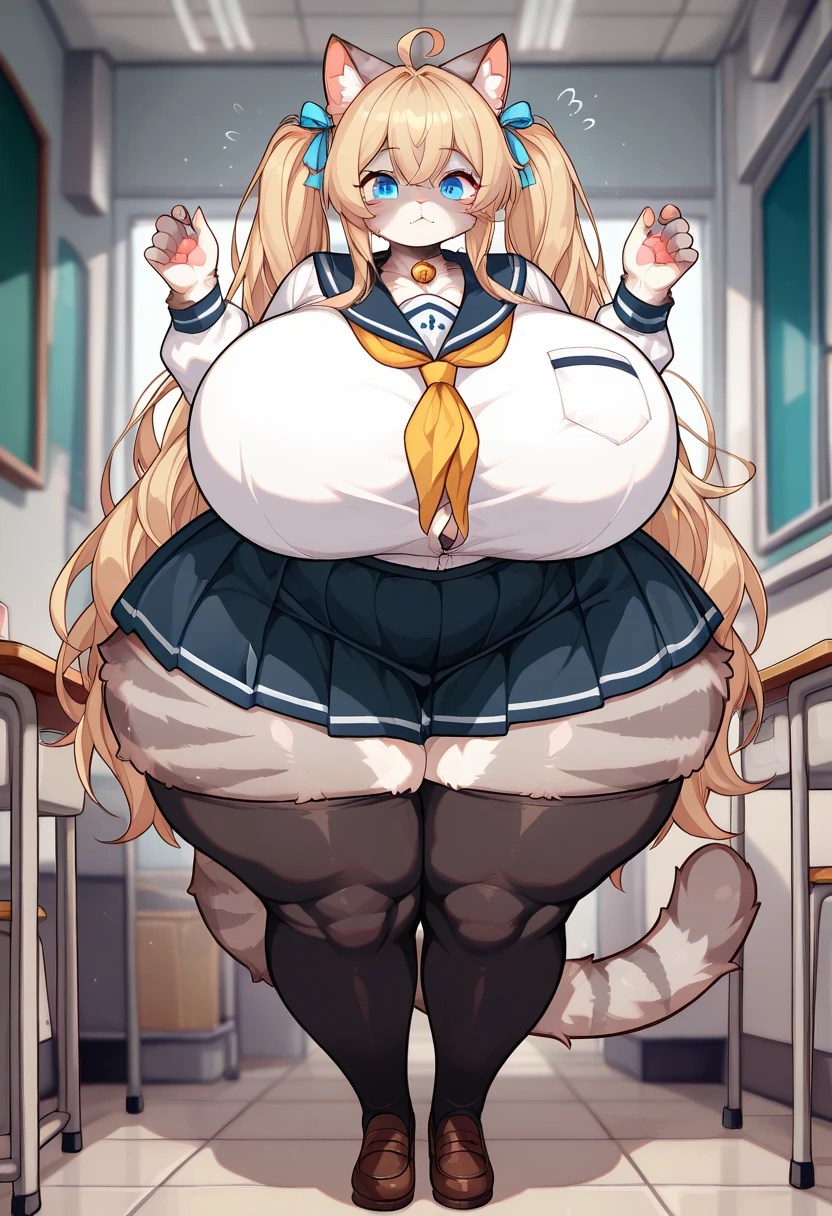 1girl,solo,roll angle,sheep ear,fluffy hair,long hair with a lot of hair,cream hair color,light yellow eye color,Calm face,docile face,blush,huge breasts,slender,Vertical lines academy uniform,short stature,looking at viewer,Taken from the viewpoint above,upturned eyes,standing up,academy
back ground
