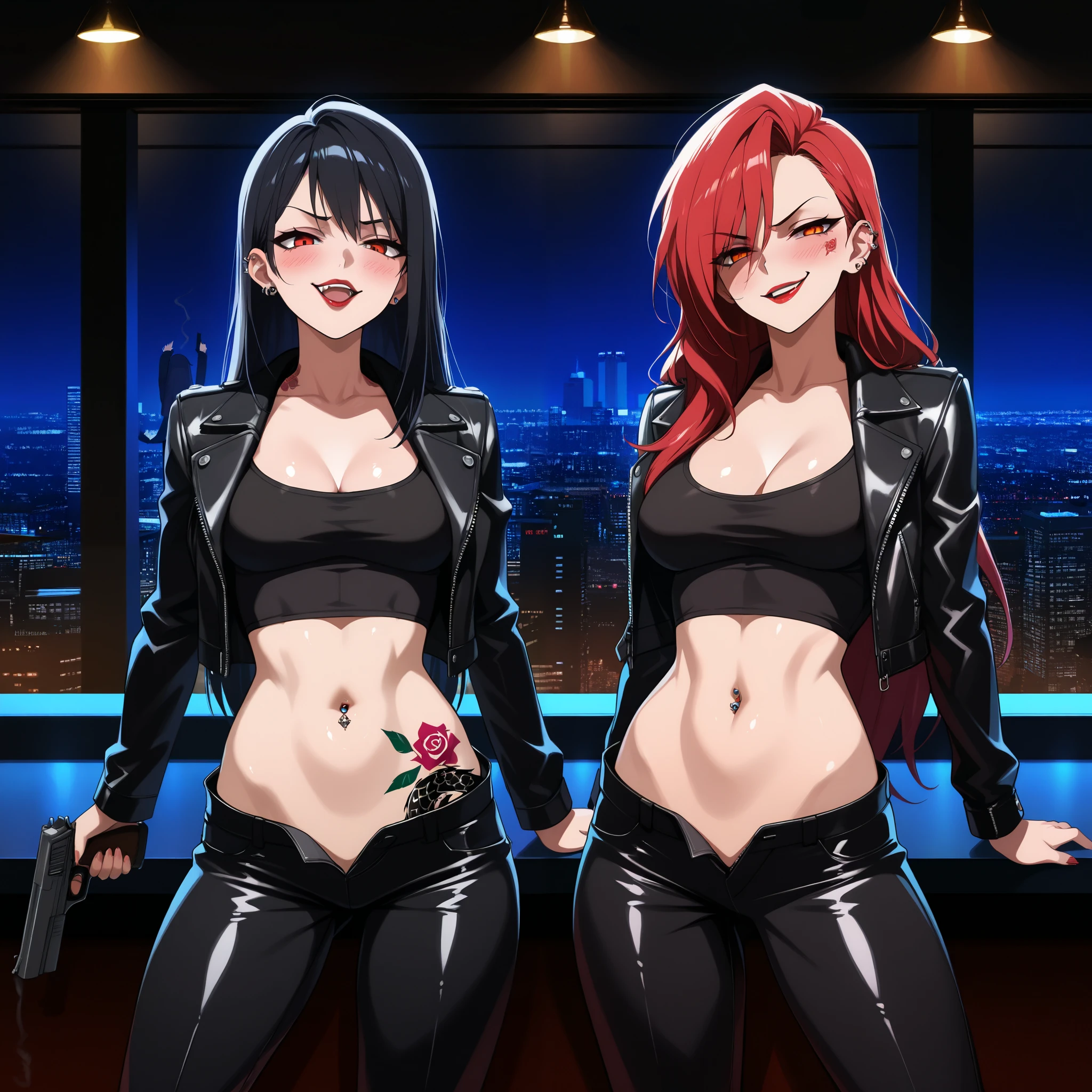 2girl, two girls, (shoujo-style), ((detailed hair, detailed eyelashes, banganhwa-scenery,  blush, large breasts, long hair, , ((perfect face)), (Mature Face:1.4), (beautiful face:1.15), detailed eyeasterpiece), (highest quality), best quality, highres, 8K, extremely detailed, Digital Art, (Hyper-Detailed Background:1.2), (realistic background),  (intricate details), award-winning, hyper-detailed, (illustration:1.1), 
(cinematic lighting), soft lighting, lipstick, blush, Hot girls, baddie, staring, glaring, bad attitude, mean girl, dare, angry, hate, crazy, smoking, sensual, attractive, fur trim, mature female, gloves, fur-trimmed coat, outdoors, rooftop, cityscape, building, railing, night, night sky, scenery, city lights,  masterpiece, best quality, highly detailed, a girls with a gun, evil smile , open mouth, sexy gaze, badass
pose , evil smile, smile, (nsfw) not safe for work, guns blazing, anime girl with long hair, beautiful long
haired girl, navel, evil expression, exposed belly, exposed navel, exposed midriff, exposed lower belly,
long black pants, crop top, cleavage, unbuttoned leather pants ,open fly, low rise black leather pants,
leather jacket, holding a gun, holding pistol