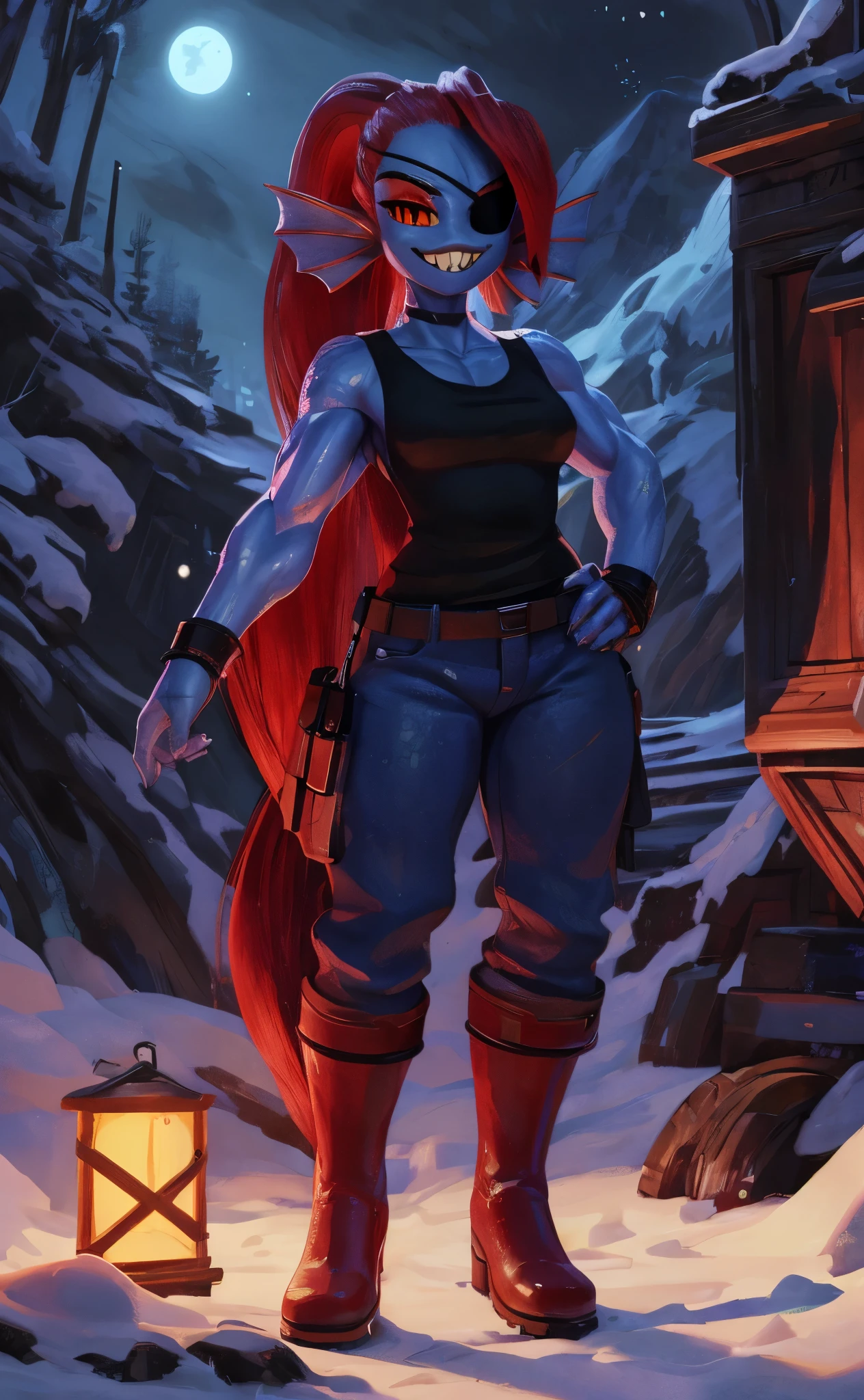 [wo!262undyne], [Undertale], [Uploaded to e621.net; (Pixelsketcher), (wamudraws), (wo!262)], ((masterpiece)), ((HD)), ((high red)), ((solo portrait)), ((full body)), ((feet visible)), ((front view)), ((detailed scales)), ((detailed shading)), ((beautiful rendering)), ((intricate details)), {(athletic figure), (blue scales), (fish fins), (fish gills on neck), (long red hair), (cute red eyes yellow sclera), (white reflexion in eyes), (short eyelashes), (defined muscles), (curvy hips), (toned thighs), (beautiful legs), (smug toothy grin), (sharp yellow teeth)}, {(black tank top), (tight blue jeans), (red boots), (black eyepatch)}, {(standing), (looking at viewer)}, [ambient lighting, snowy forest, nighttime]