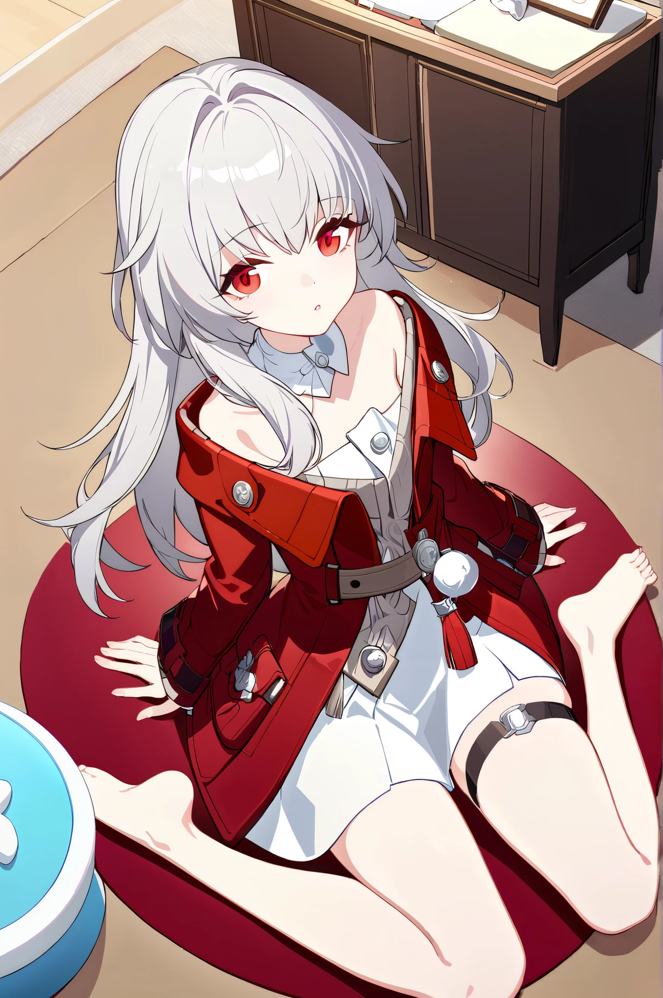 masterpiece, best quality, perfect features, intricate details, ray tracing, very aesthetic, (hitenkei, askzy:0.5), 1girl, clara \(honkai: star rail\), solo, red coat, white dress, detached collar, sweater,  barefoot, thigh strap, barefoot, full body, wariza, sitting, from above, stuffed toy, looking at viewer, parted lips, head tilt, depth of field  