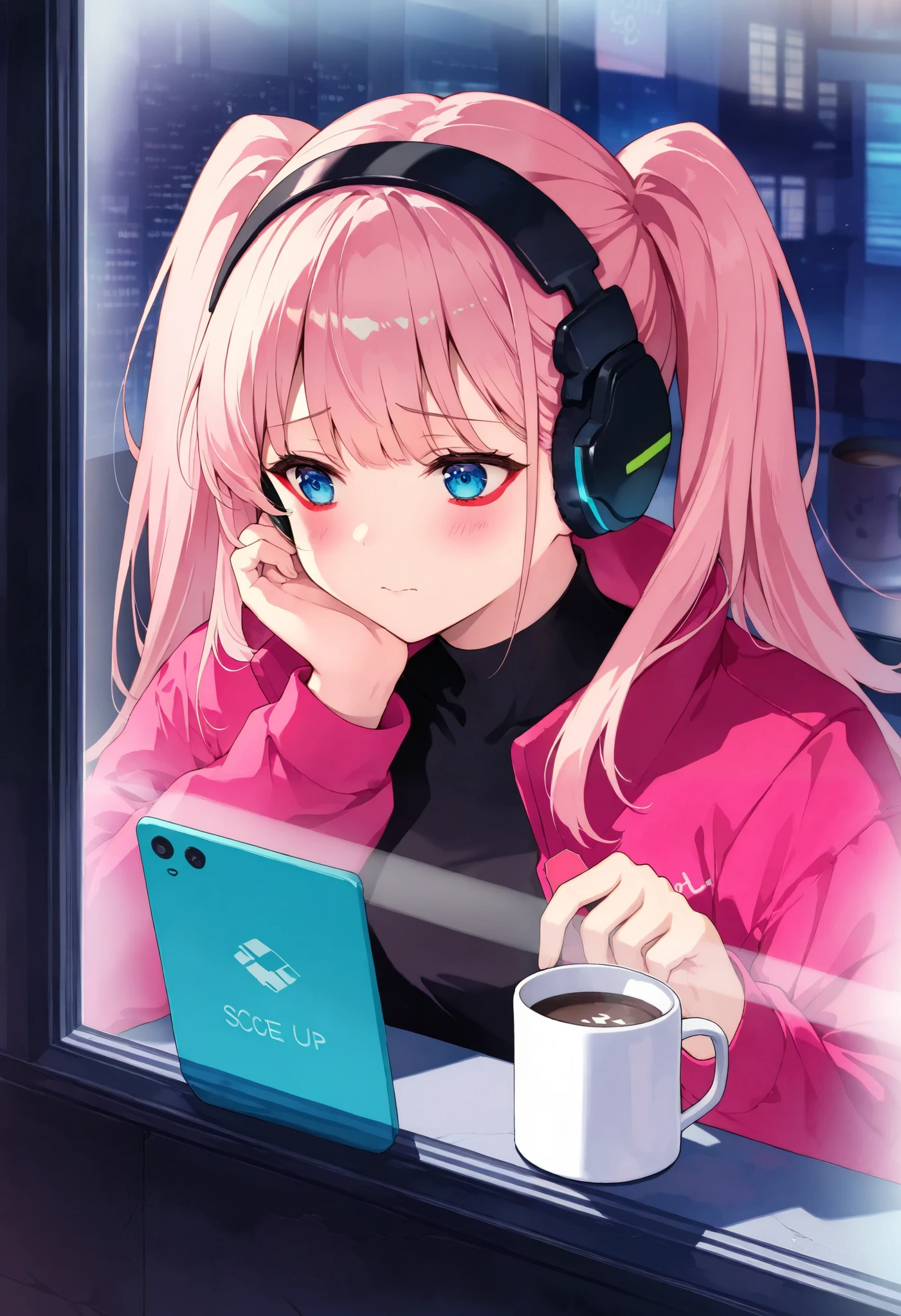 Cyberpunk,Pointillism,best quality,highly detailed,1girl,long pink hair,headphones,black turtleneck,sad expression,leaning on hand,holding smartphone,window reflection,coffee mug with NEKO text,Korean text message,soft lighting,cozy cafe atmosphere,framed by window,diffused light
