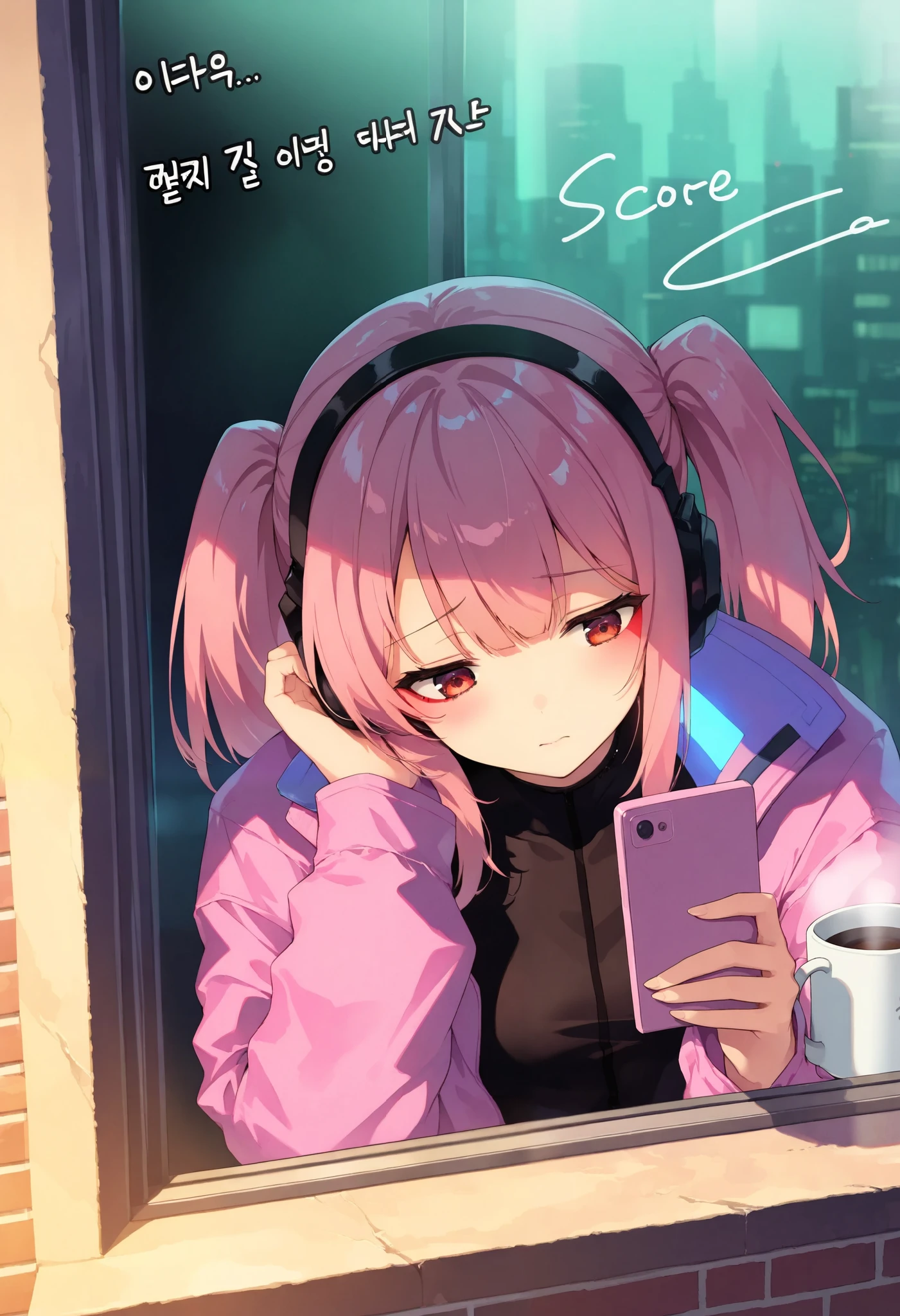 Cyberpunk,Pointillism,best quality,highly detailed,1girl,long pink hair,headphones,black turtleneck,sad expression,leaning on hand,holding smartphone,window reflection,coffee mug with NEKO text,Korean text message,soft lighting,cozy cafe atmosphere,framed by window,diffused light
