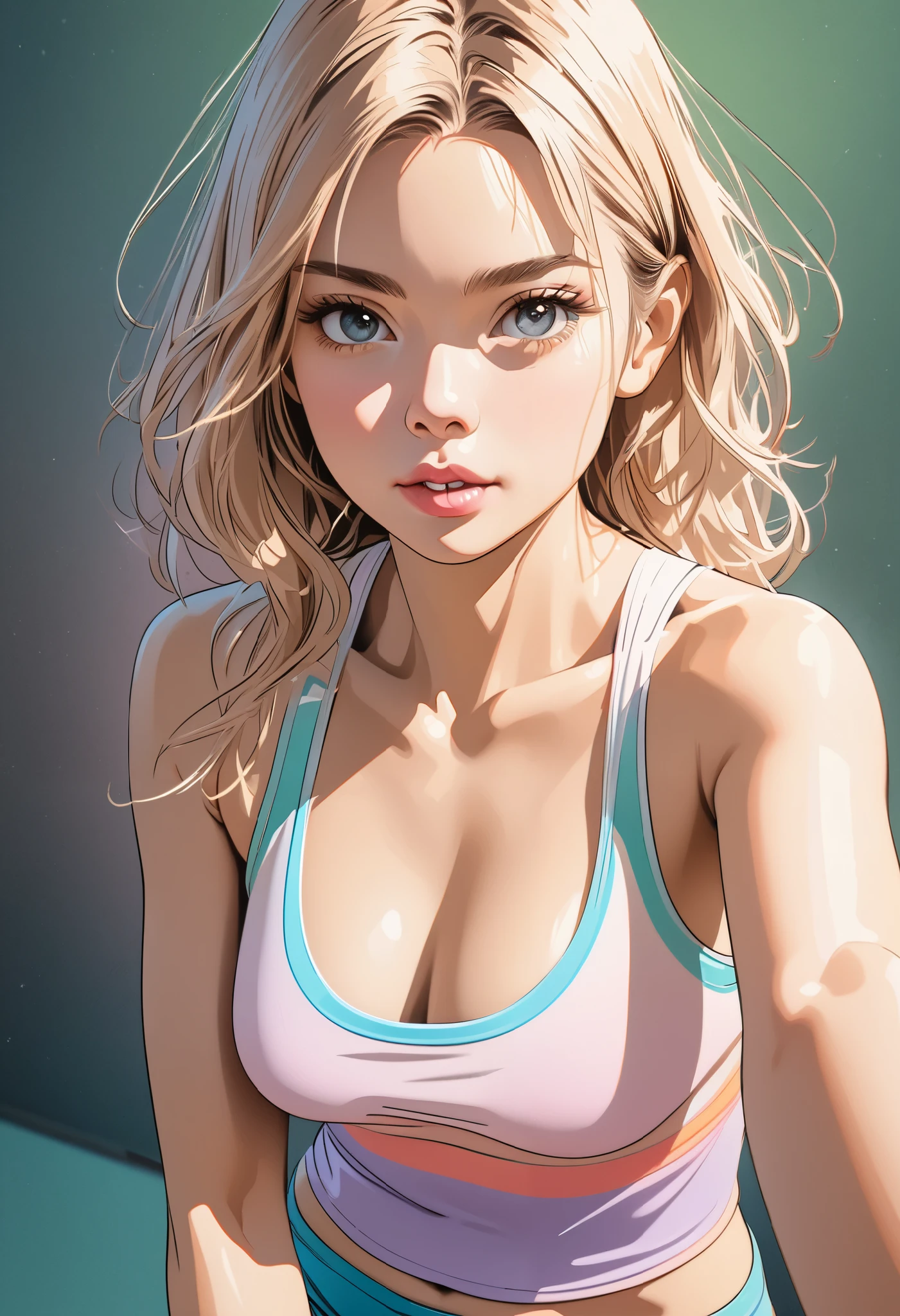 (  masterpiece on penis ),  top quality,  beautiful woman,  expressive eyes,  perfect face,  1 Woman ,  still movie photo of one girl :1.3, (pastel color line drawing :1.3), Teenage Girl,  final and take a selfie, Generate a sleeveless spandex top ,  high waisted short ,  generate shirt shorts ,  lean forward ,  clevis, Curved Body, Thigh height,  slender body,  slender body,  swollen lips ,  looks like a final , Light brown long hair,  wave hair,  medium chest, Bokeh,  realistic , 8k,  complex details, Bokeh,  blurry background,  retro art pose ,  pop art pose ,  high definition ,  super detailed, Soft light, Strong line drawing, (( cell shading style )),  simple background, modernism, Natural Style, Detailed animated illustration art including backgrounds, 