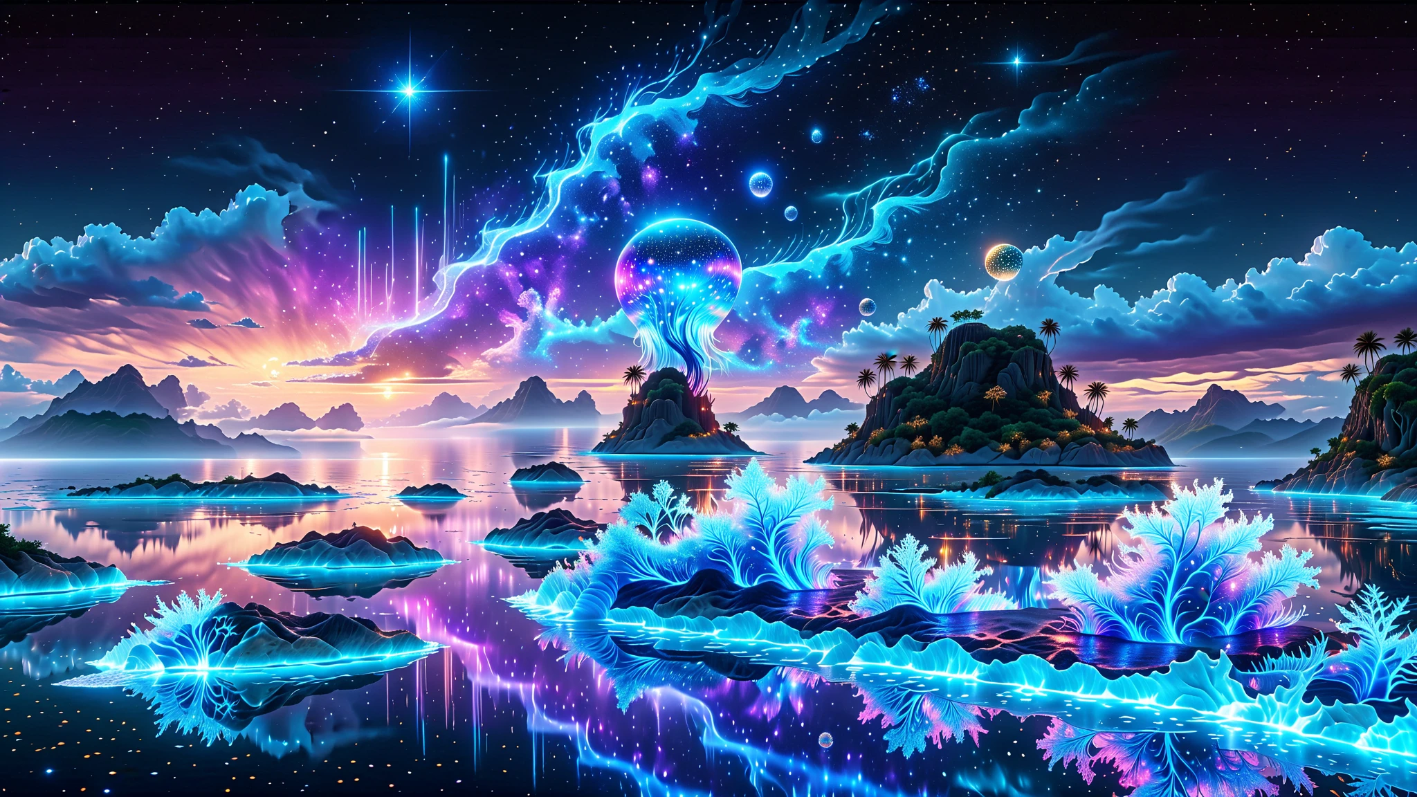 A Masterpiece In 32K Resolution, Supreme Quality, Super Detail, Official Art, Very High-Resolution 32K Wallpaper, Beautiful And Aesthetic, Ultra-Detailed Features, Awe-Inspiring Detail. A Futuristic Ocean That Appears To Merge With The Stars, Its Surface Glittering With Reflections Of The Milky Way Above. Glowing Jellyfish Float Just Beneath The Surface, And Small Islands With Holographic Trees Emerge From The Water. The Horizon Blurs Into A Spectacular Array Of Galactic Colors, Creating A Seamless Transition Between Sea And Sky.