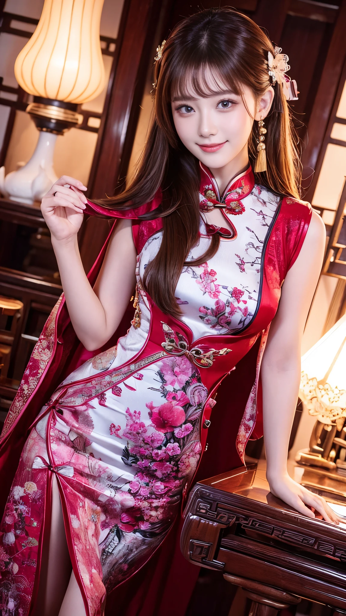   beautiful woman,     Chestnut hair    ,     Beautiful Eyes ,   Smile,  Actual , Full HD,   very beautiful dress  ，Fluffy dress ， curved body，Magnificent view ，Gorgeous decoration，cheongsam，中国发髻，Jinhri