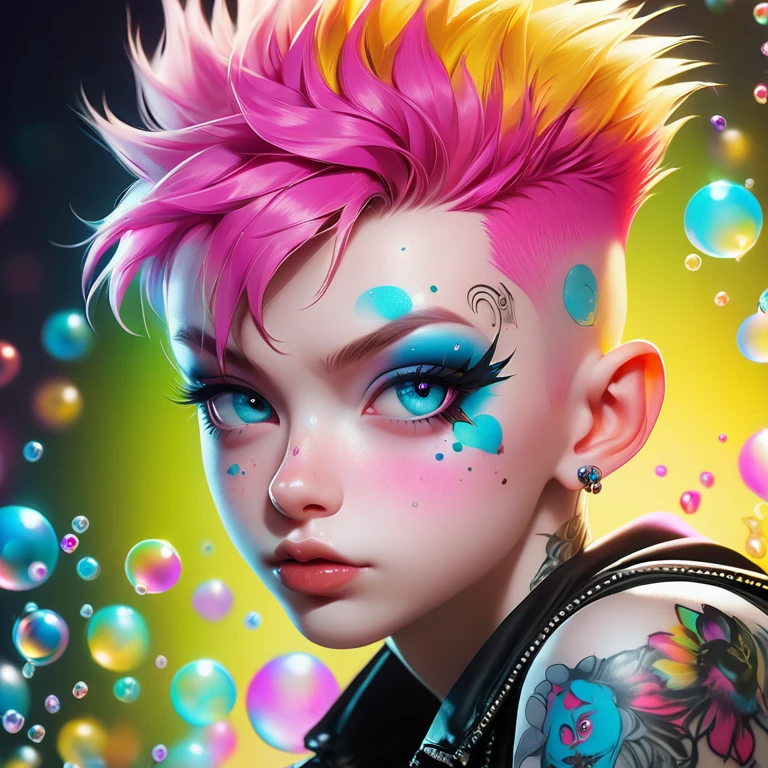 
   Portrait of a cute Russian boy in the style of Alberto Seveso,  top quality , Super detailed,  photorealistic , white colors, albino, punk boy  , school heartthrob !  detailed eyes  ,  upper body  ,  Luxurious punk hair, Avant-garde punk fashion, Avant-garde makeup,  several piercings ,  gold jewelry ,Heavily tattooed body, 3D Colored Tattoos,  abstract background,  backlight   effect,  shallow depth of field ,  thorough ,   analog style  , emphasis on the eyes,   High quality,  very detailed  skin, photos of a very beautiful Russian punk  , perfectly cute face , skin pores, penetration, abstract color background, colorful sparkling bubbles of different sizes around,  Sharp focus , grainy lighting,  backlight  ,high film grain, сфотографирован камерой Sony A7R IV, 18мм F/1.7 cinema lenses,  very detailed , Detailed finishing , 8 thousand, HDR,  front view,  upper body  