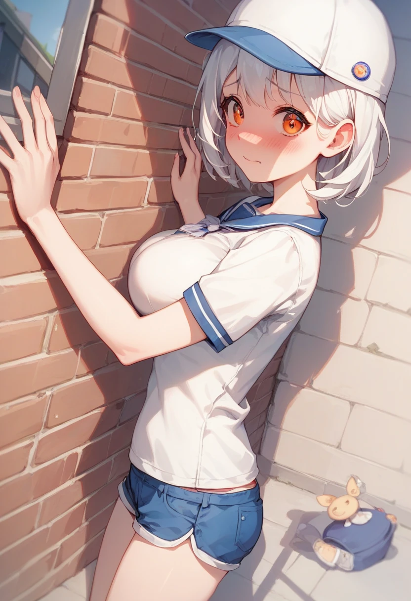 score_9, score_8_up, score_7_up, source_anime, best quality, clear face,cute skinny small school girl,white hair, orange eyes, medium hair, large breasts, perfect body, s, looking at viewer, embrassed nervous little scared watery eyes, mini shorts,mini shirt,e, dynamic angle, indoor,blushing,cute,se,cute,summer,small,short,white hat,very short height,hat,standing at the bench,on the street,sexy pose,teasing,k sexy,assume the position, assume_the_position, cavity_search, hands_against_wall, hands_on_wall,side view