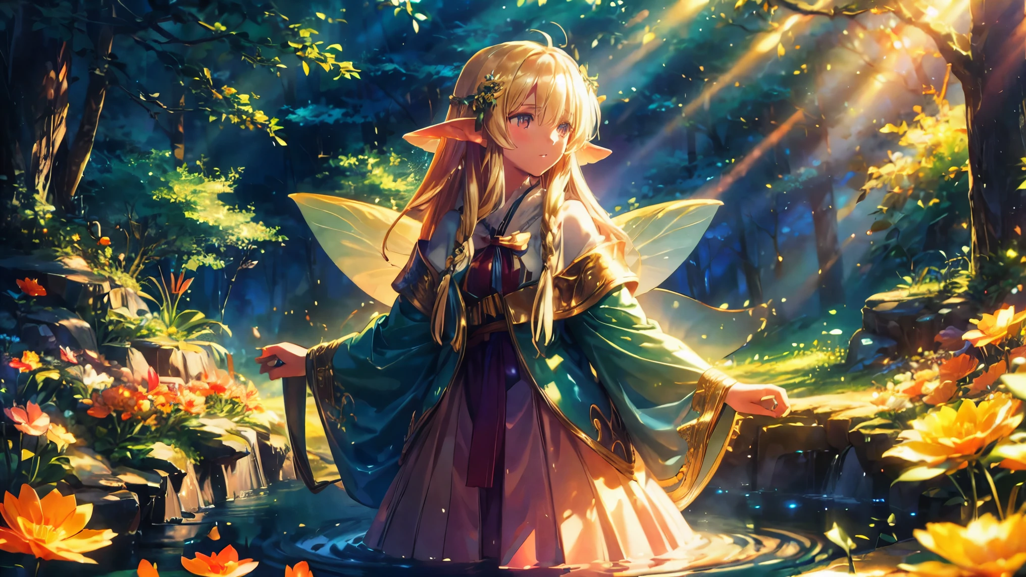 masterpiece: 1.7, top-quality, very very beautiful, Delicate use of color 、 detailed face 、A mesmerizing close-up of a beautiful girl standing in a mystical grove where fairies gather in a circle around a glowing pool of water. The golden light of the rising sun filters through the trees, blending with the soft glow of the fairies. Her hair and flowing cloak catch the magical light, blending seamlessly with the enchanted setting. Ultra-realistic 8K, intricate textures, and a tranquil, magical vibe.
