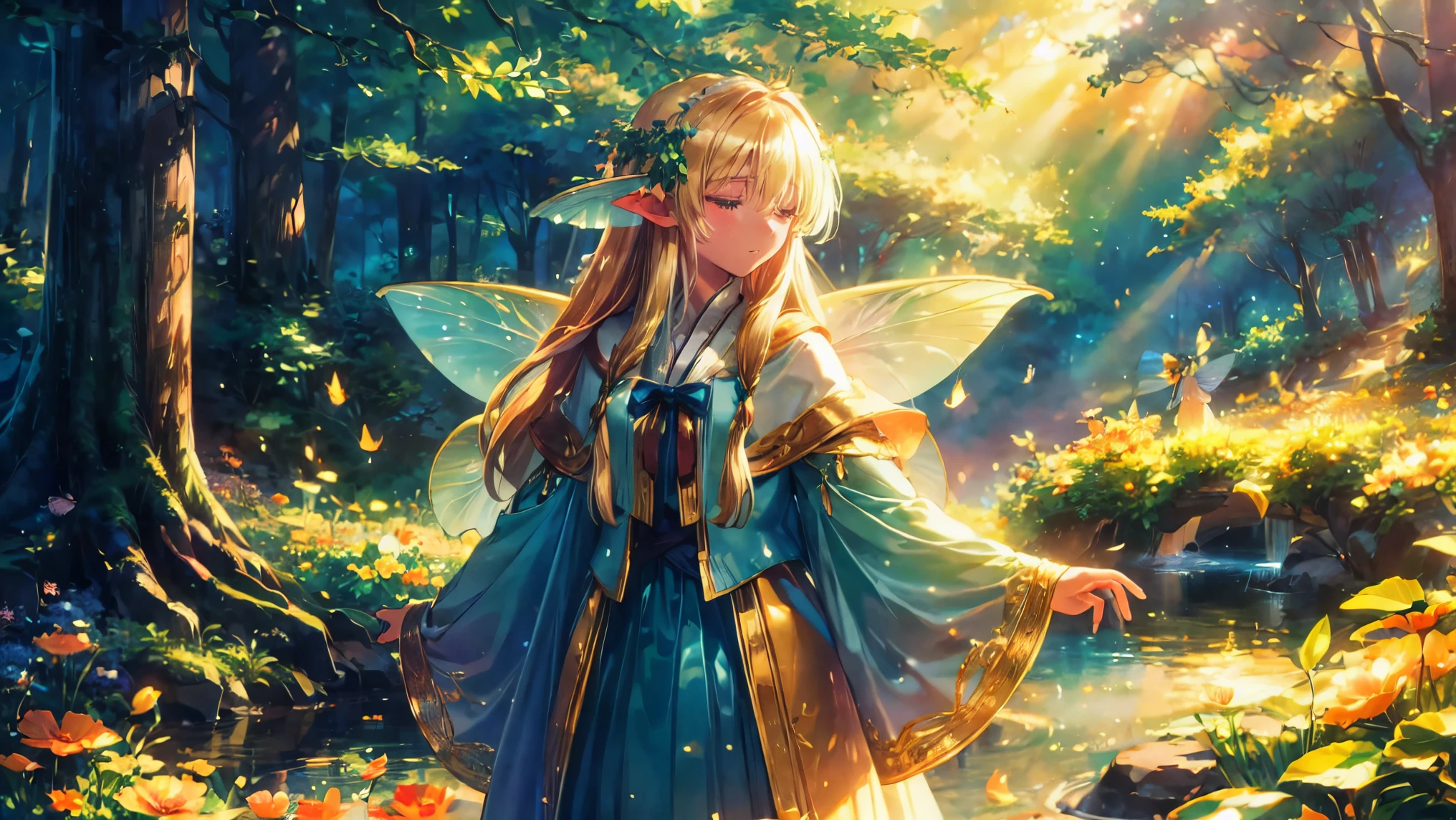 masterpiece: 1.7, top-quality, very very beautiful, Delicate use of color 、 detailed face 、A mesmerizing close-up of a beautiful girl standing in a mystical grove where fairies gather in a circle around a glowing pool of water. The golden light of the rising sun filters through the trees, blending with the soft glow of the fairies. Her hair and flowing cloak catch the magical light, blending seamlessly with the enchanted setting. Ultra-realistic 8K, intricate textures, and a tranquil, magical vibe.