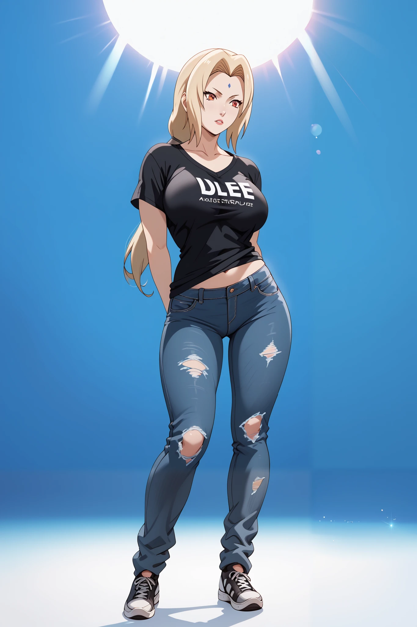 best quality, masterpiece, highres, 1girl,tsunade,((fullbody)),stand up,large breasts,arms behind back,sexy legs,black tshirt,sleevelwss,ripped jeans,looking at viewers,front look,(high detailed skin:1.2), 8k uhd, dslr, soft lighting, high quality, Photograph, high resolution, 4k, 8k, Bokeh, plain background