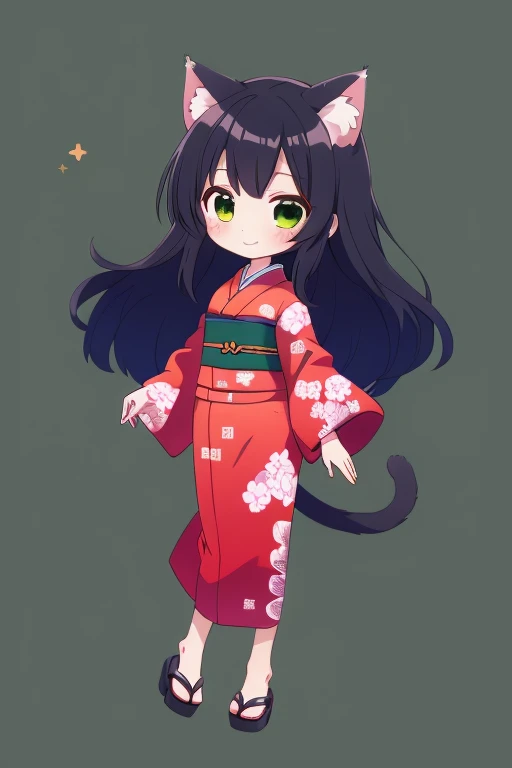 girl chibi Long Black Hair Full Body Cat ears with a bell red long kimono green background