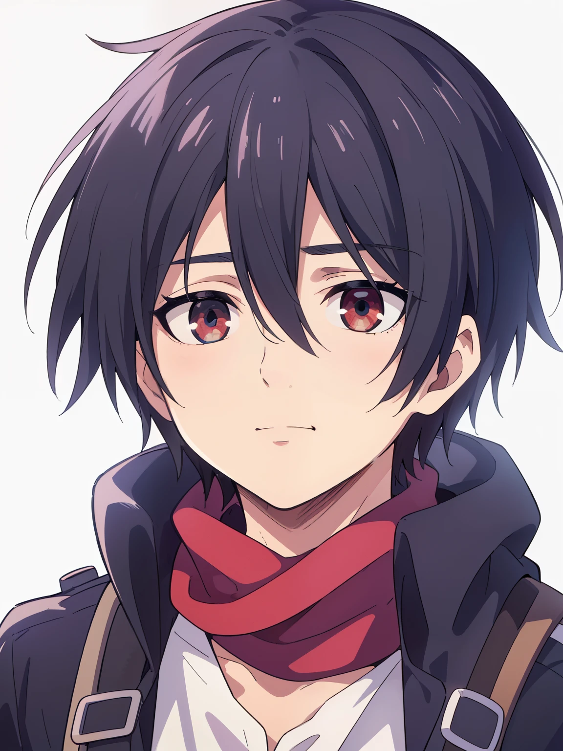 (high-quality, breathtaking),(expressive eyes, perfect face) 1boy, male, solo, portrait, narrow eyes, kind face, neutral expression, soft cute smile, aot style, portrait, Symmetrical Eyes, black hair, red eyes, teenager, blue background, black coat, open coat, white shirt, backpack, black pants, mappastyles4, fluffy hair, half closed eyes, looking at viewer, facing viewer, red scarf, teenager, young face
